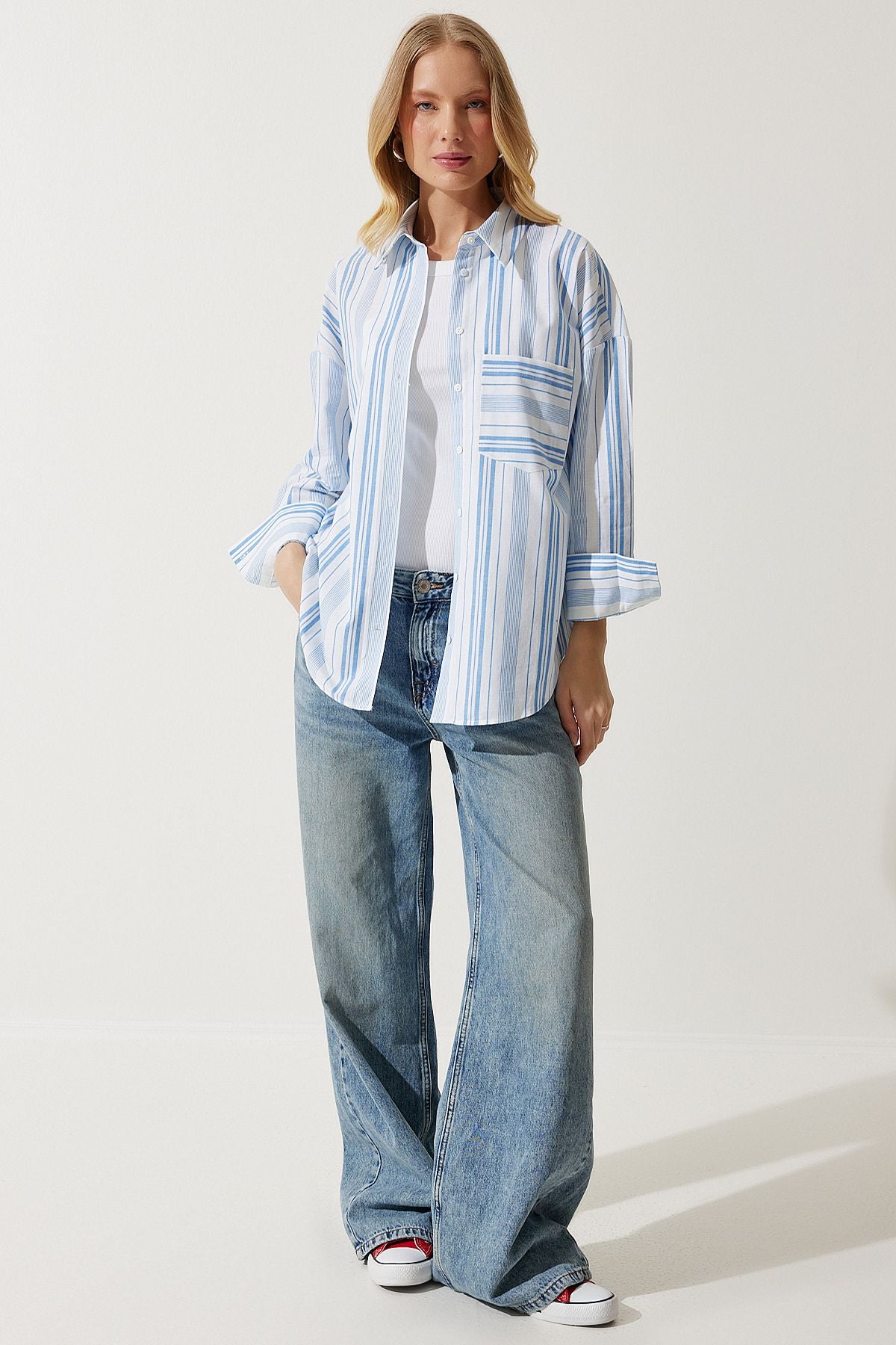Woman White Blue Striped Cotton Oversize Shirt HK00034