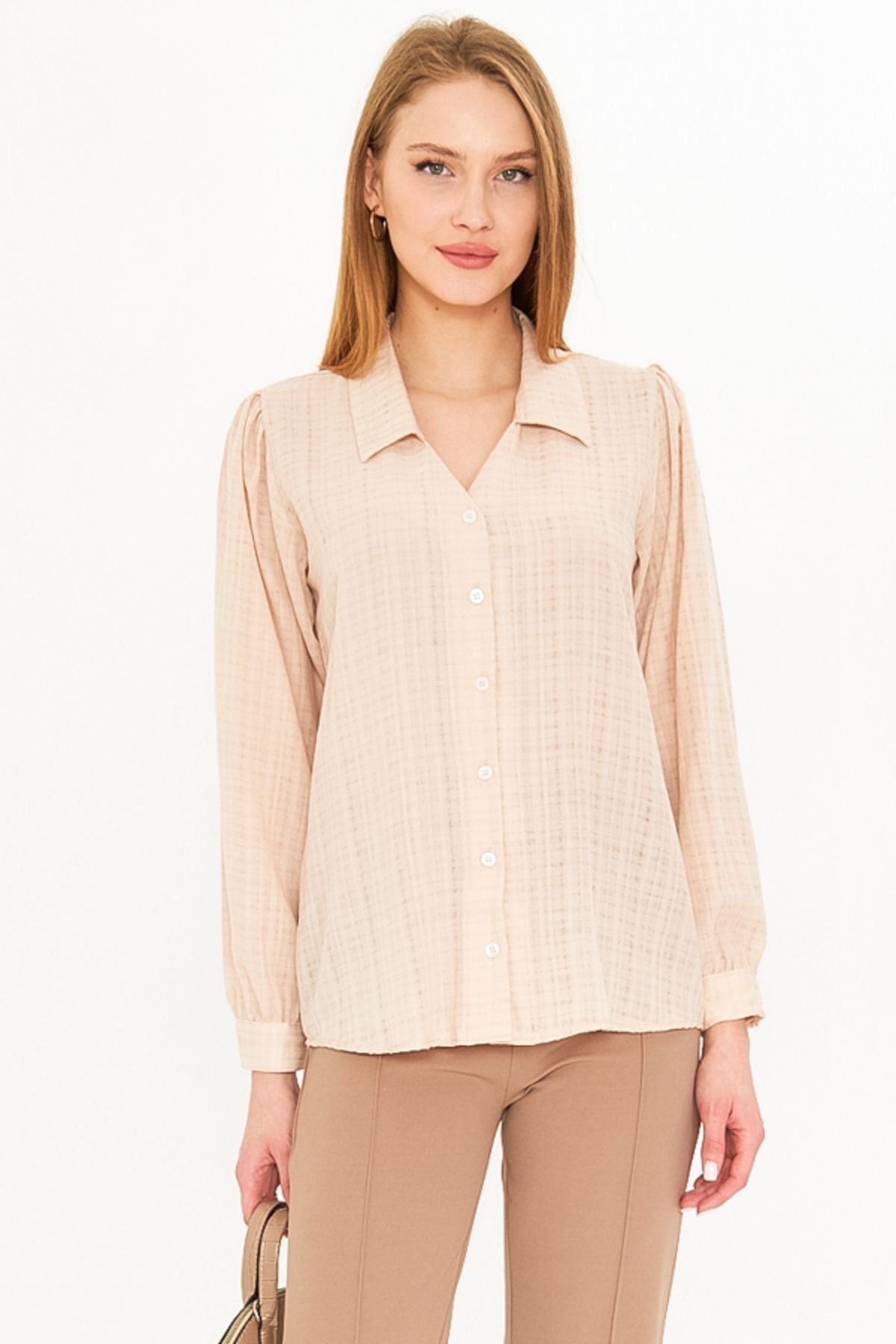 Women's Cream V-Neck Balloon Sleeve Bürümcük Shirt ARM-25K001088