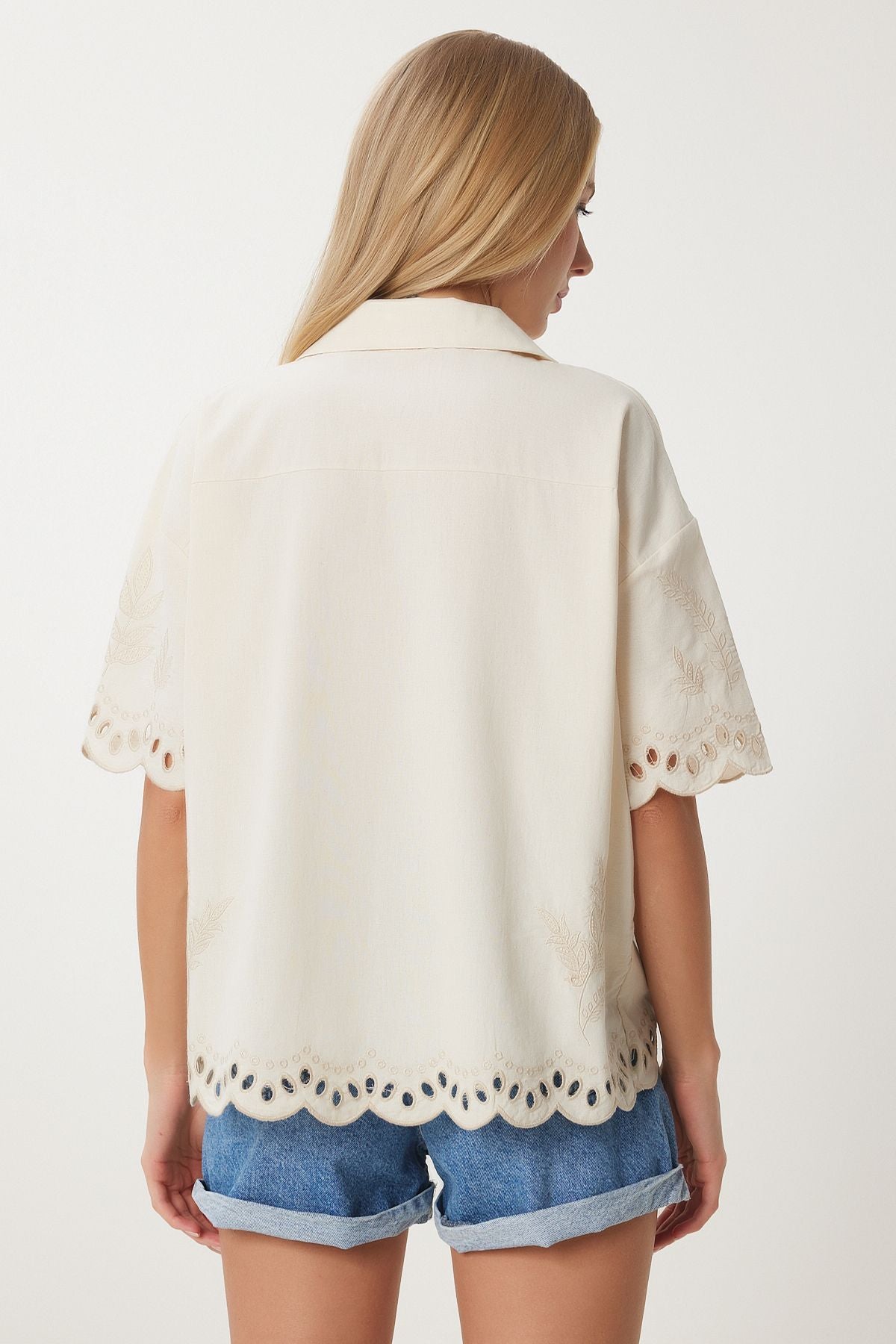 Women's Cream Romantic Embroidered Linen Shirt QS00011