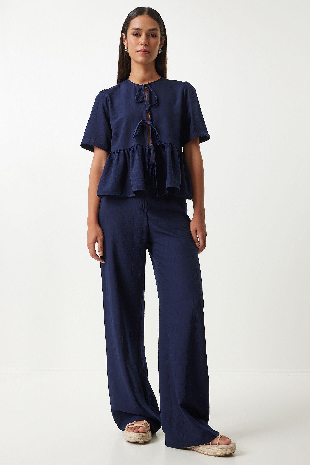 Woman Navy blue bow blouse pants Set UL00035