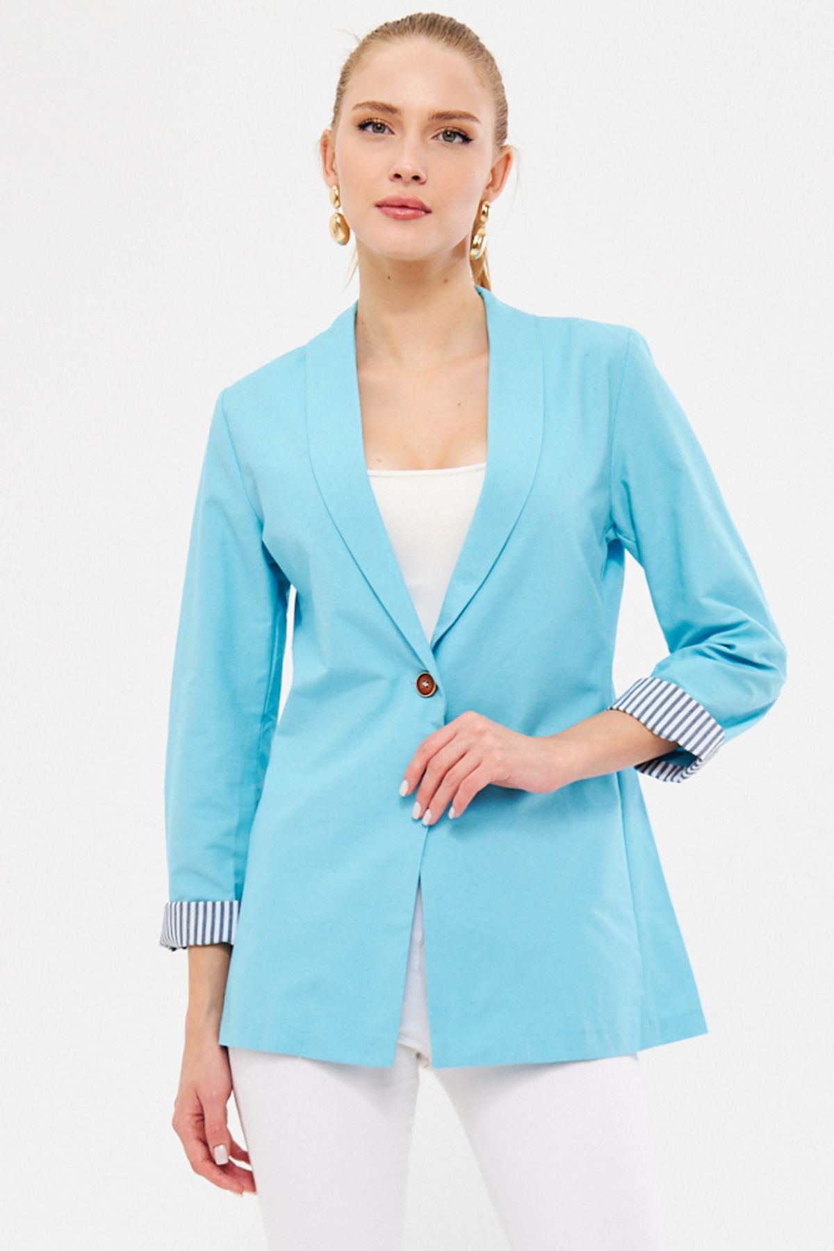 Woman Open Turquoise Sleeve In intra-button with single button jacket ARM-22K001122