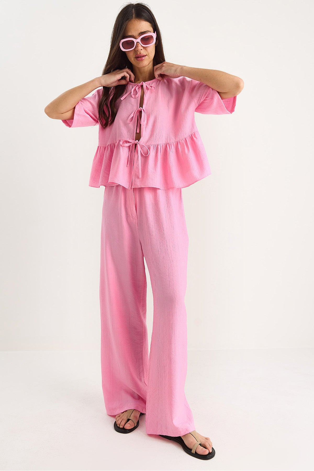 Women's Tie Detailed Short Sleeve Blouse Trousers Bottom-Top Set 9265 60281014