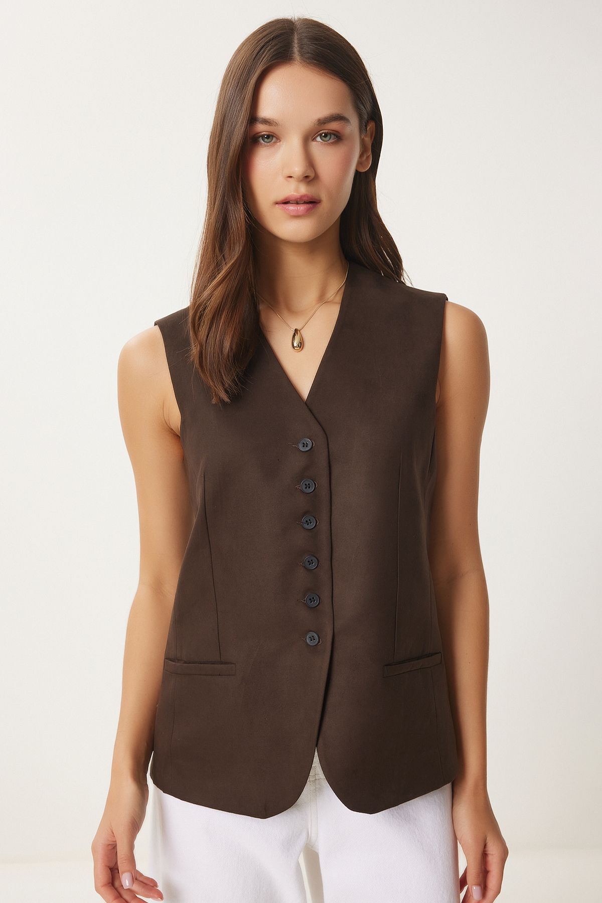 Woman Dark Brown V -neck Nubuk Vest FN03387