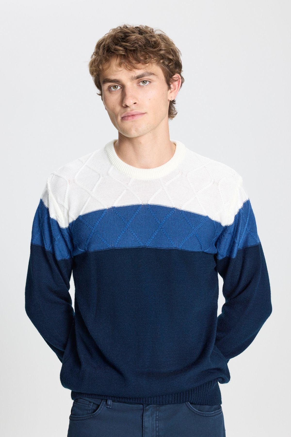 Men's Ecru-Lacı Standard Fit Normal Normal Cut Bicycle Colorblock Patterned Knitwear Kazakh