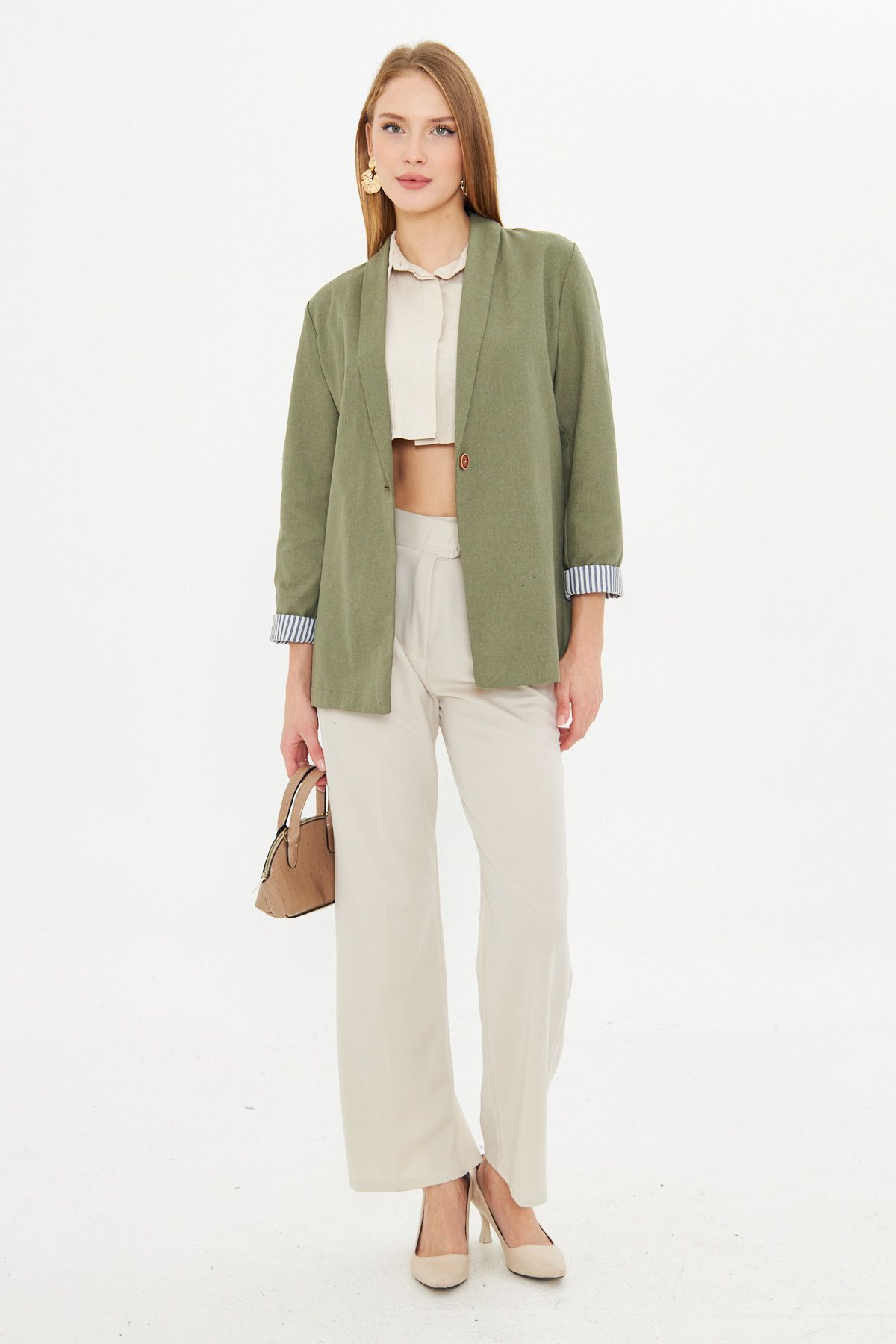 Female Green Arm Striped Single button Jacket ARM-22K001122