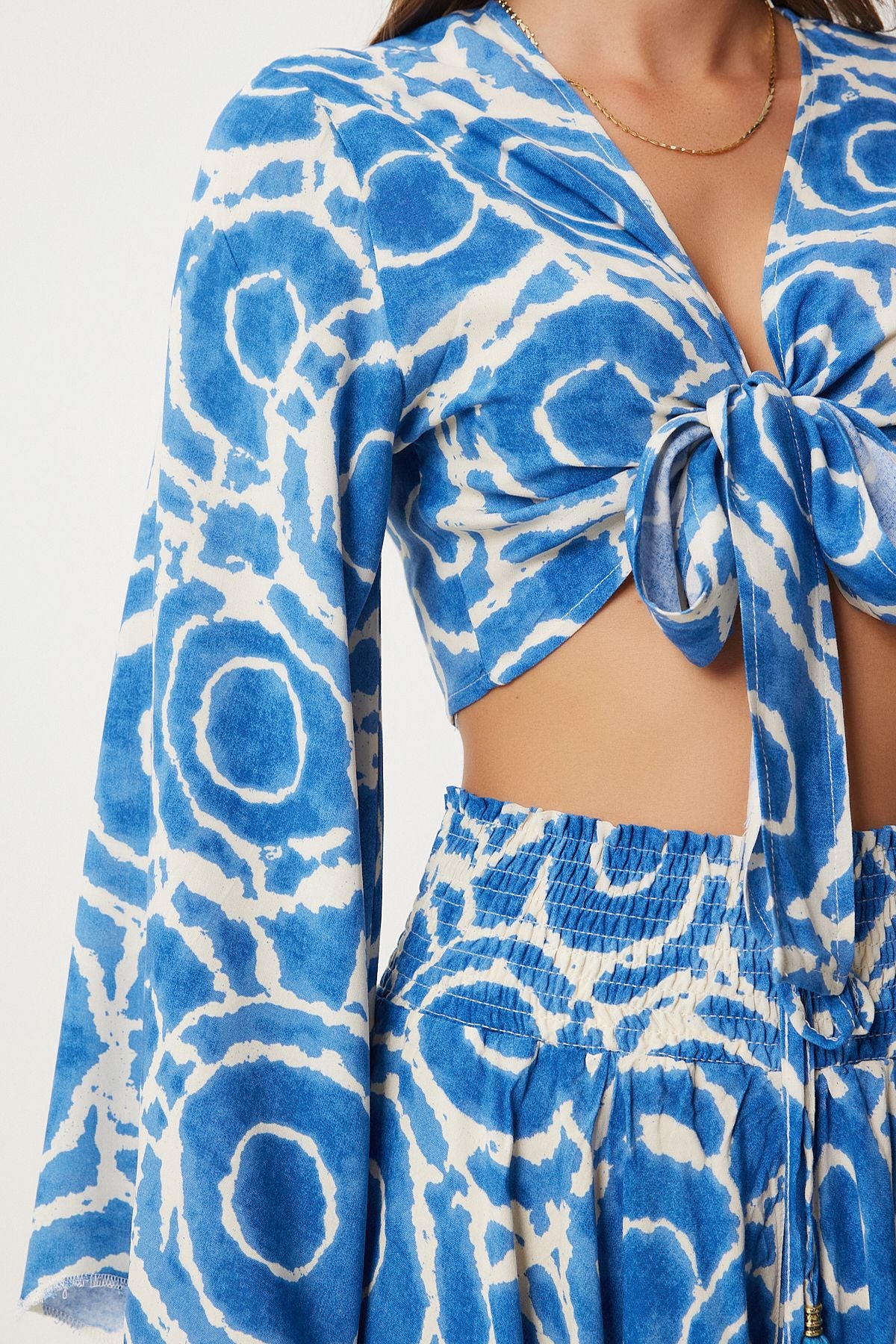 Women's Blue Cream Patterned Blouse Short Set DK00171