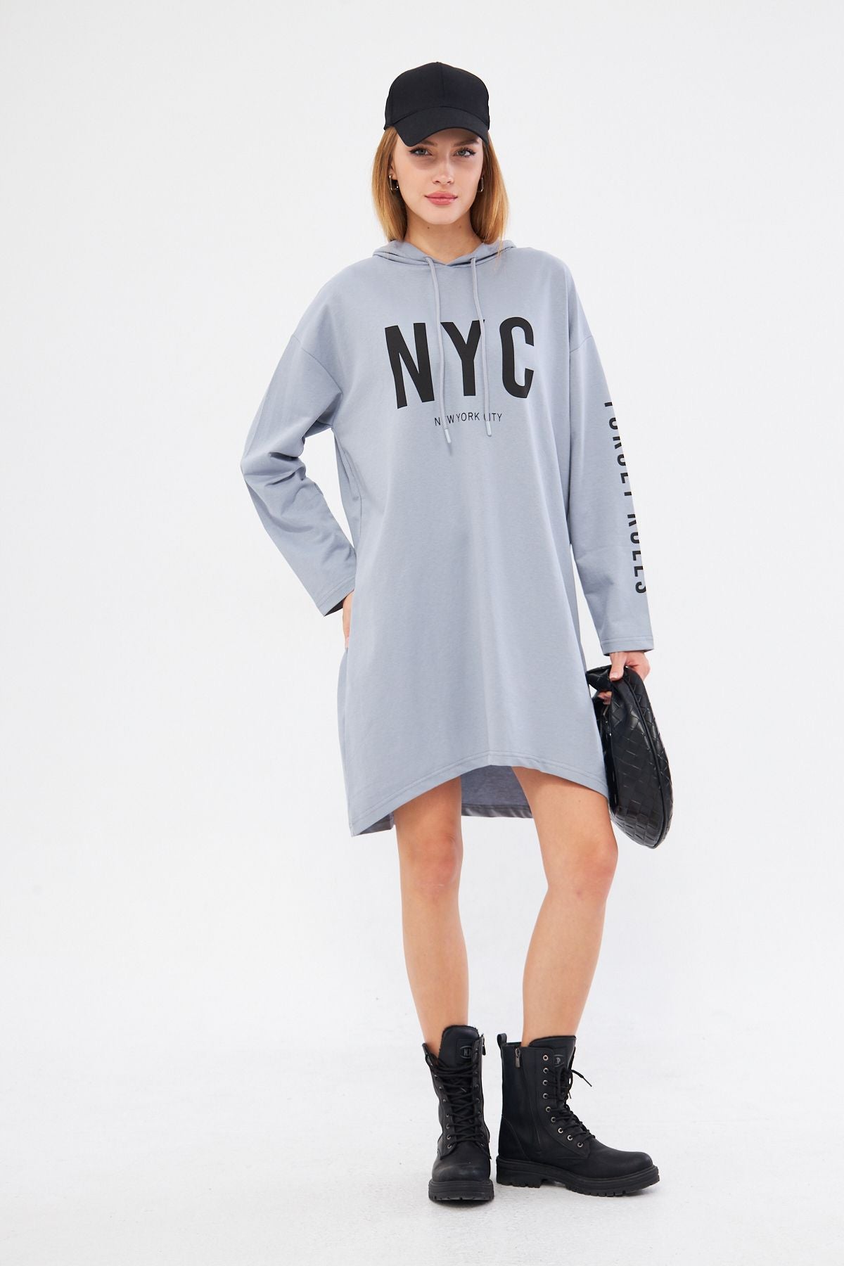 Woman Gray Nyc Written Arms Printed Dress ARM-21K024021