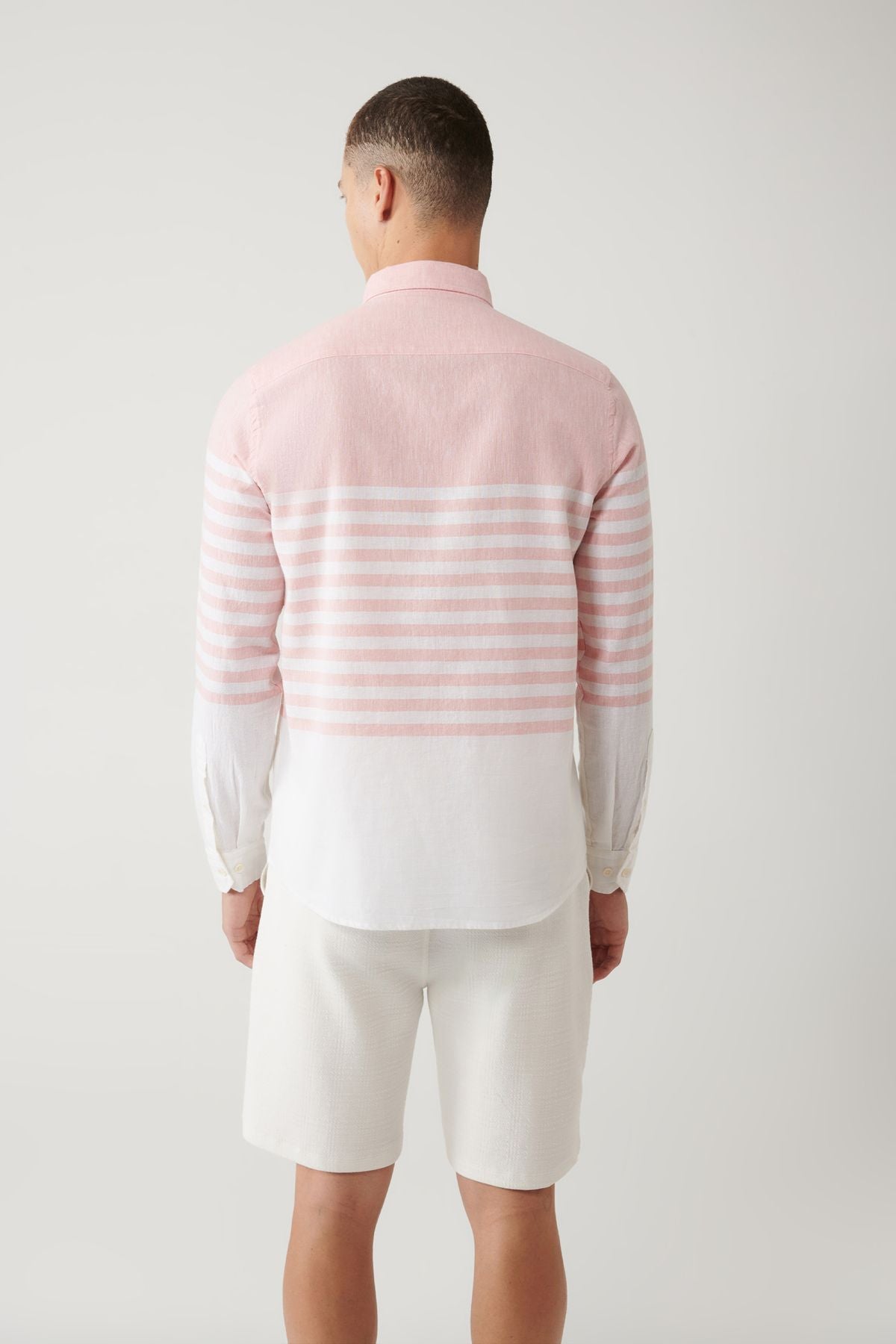 Men's light pink button collar panel striped shirt A41y2190