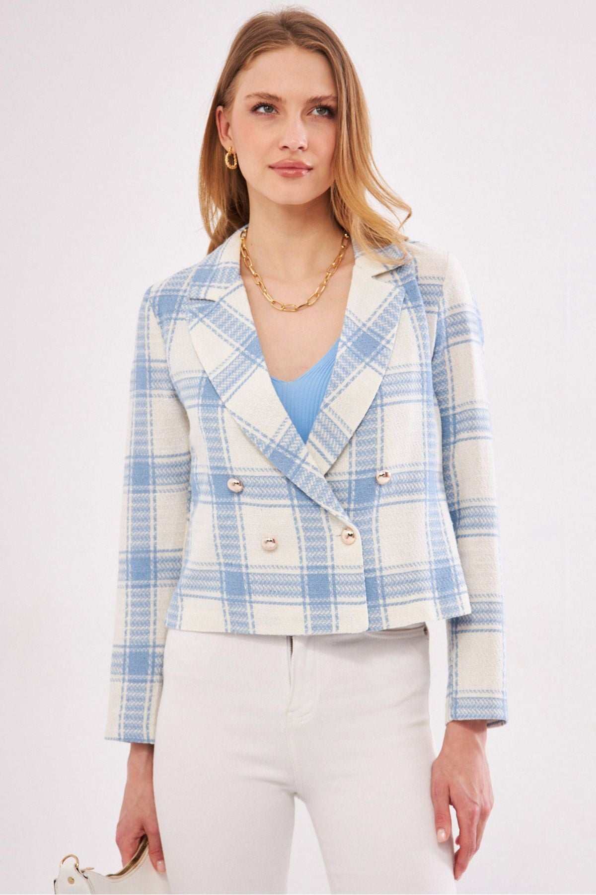 WOMEN BLUE WHITE CRAPHY YAKA TÜVİT Crop Jacket ARM-24K001014