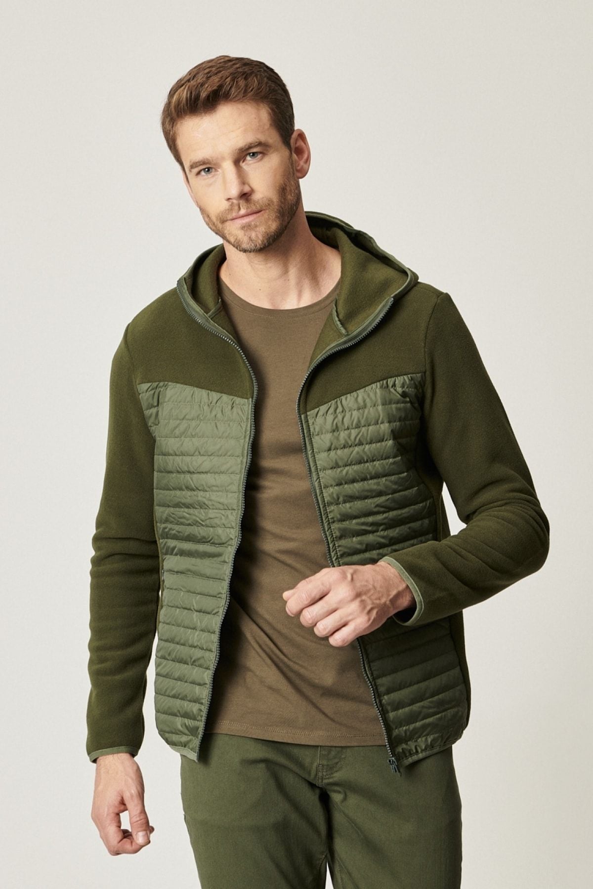 Men's Khaki Standard Fit Normal Normal Cut Hooded Sports Zippered Polar Coat