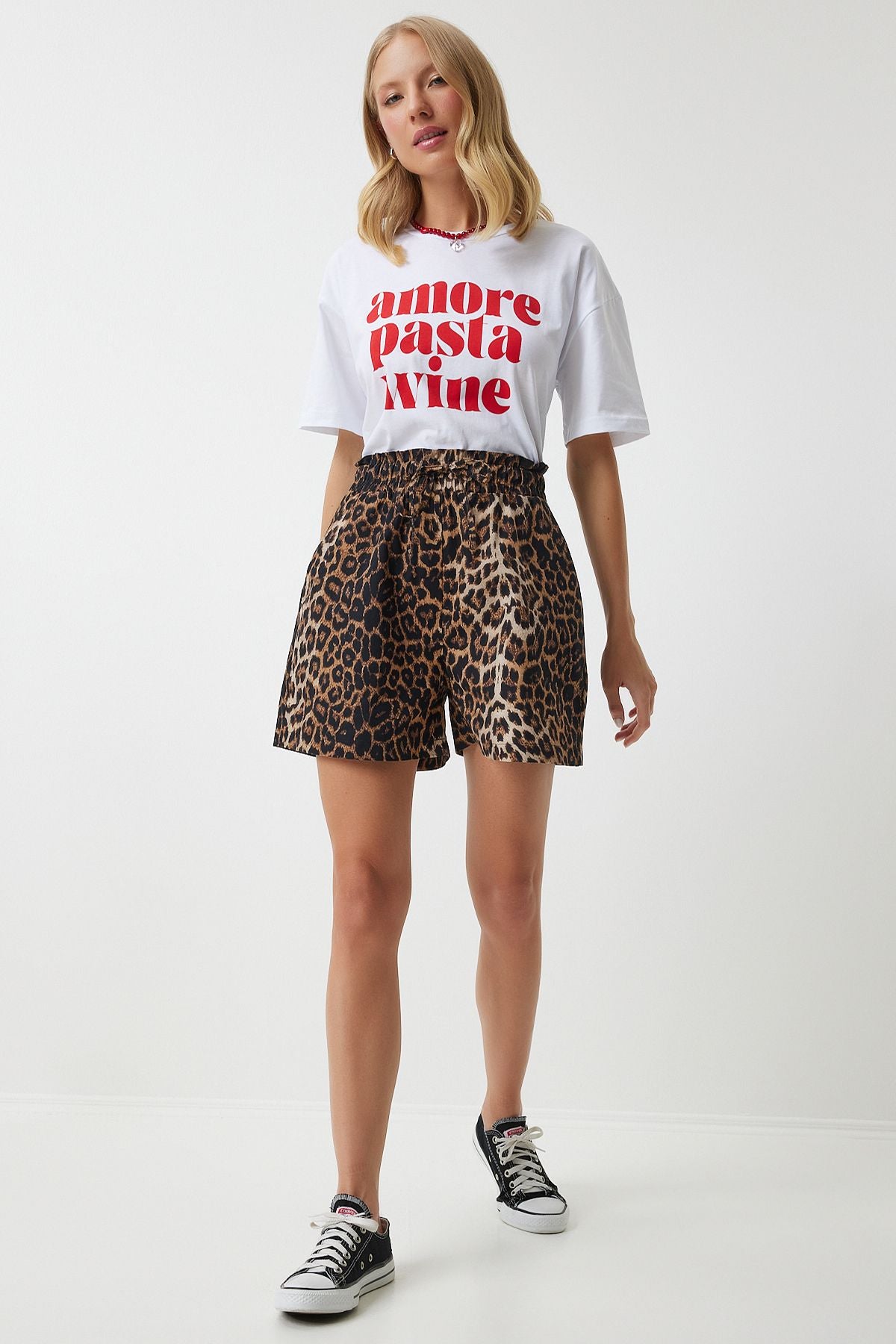Women's black beige leopard patterned high waist shorts ul00025