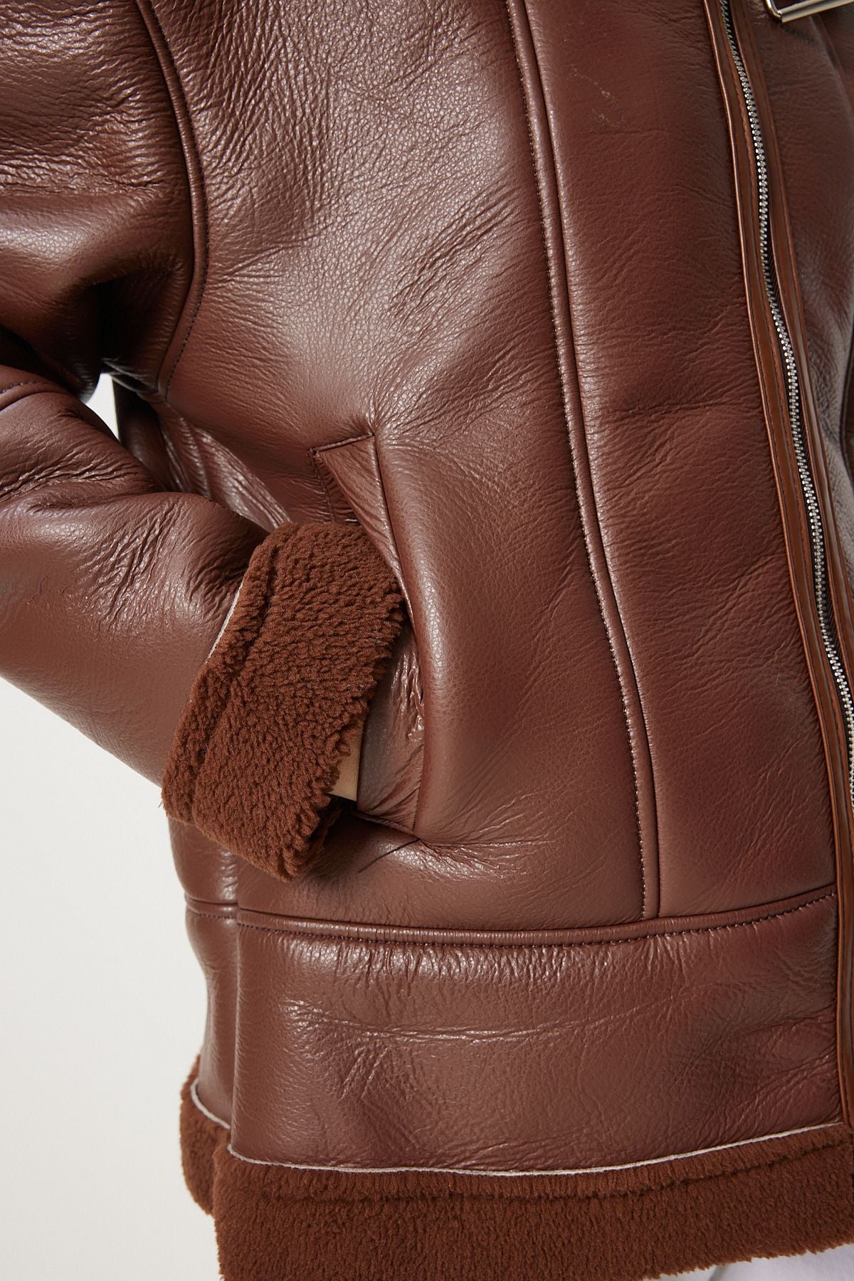 Female Brown Artificial Fur Artificial Leather Biker Jacket RV00202