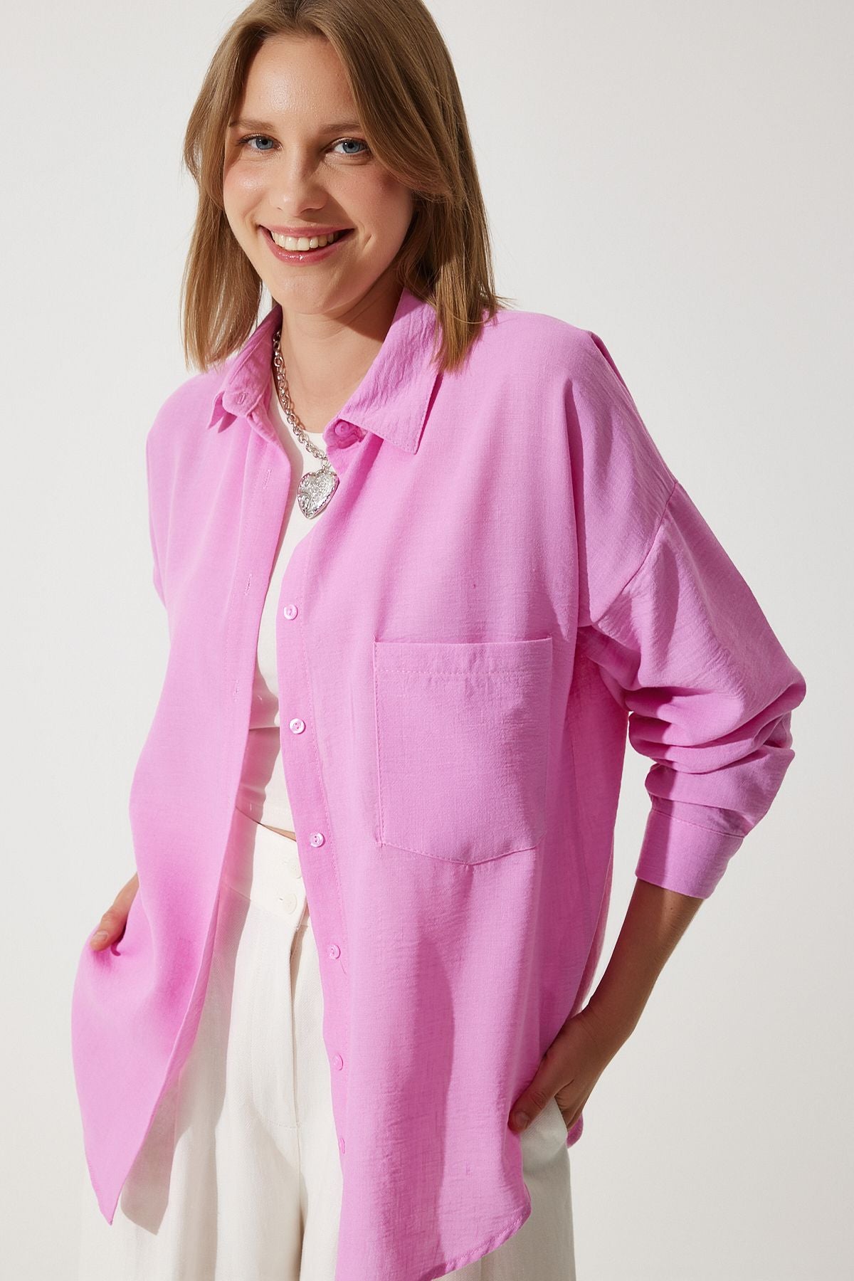 Woman Light Pink Oversizle Linen Ayrrin Shirt DD01222