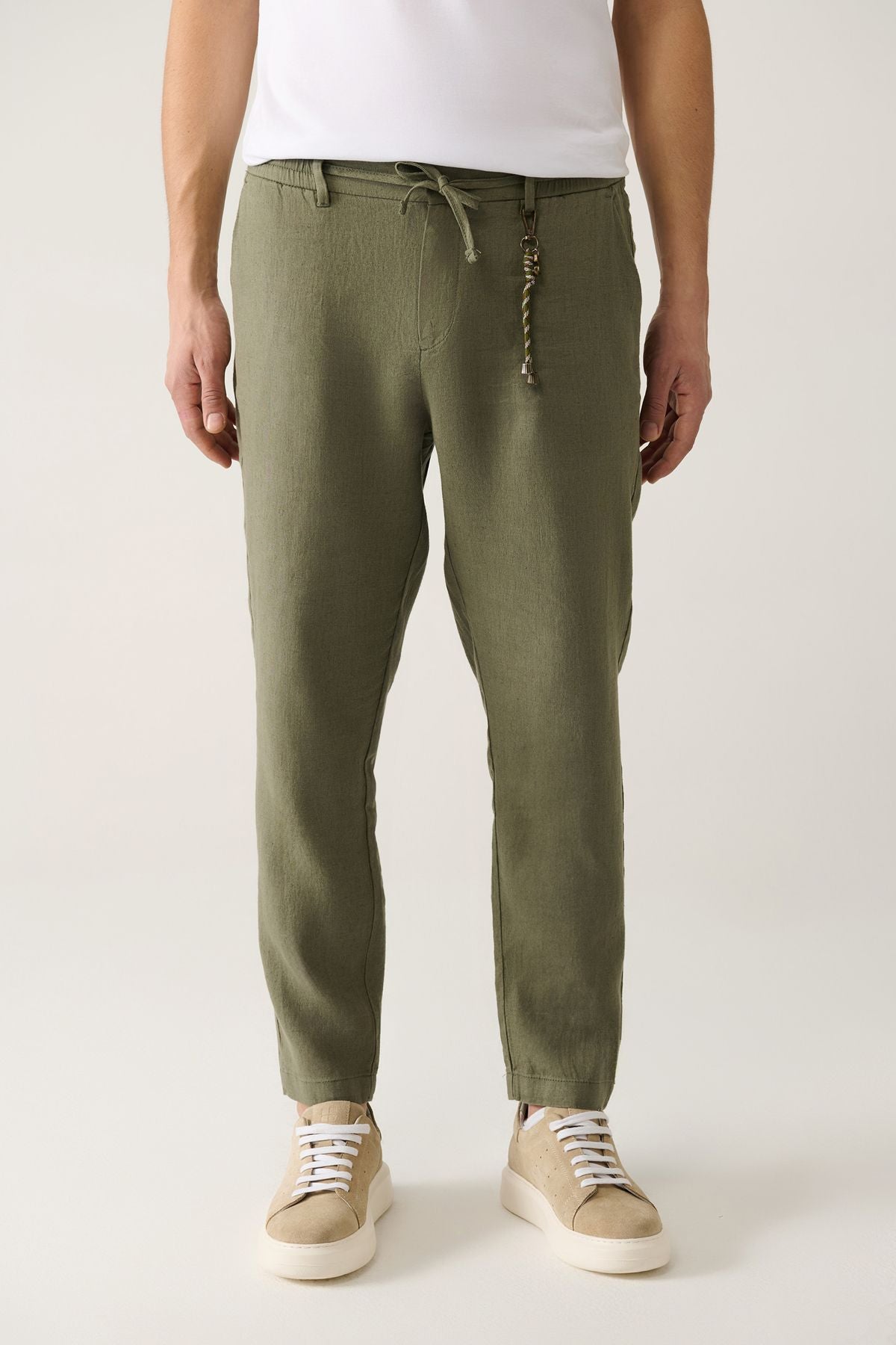 Men's Khaki Waist Waist Tire 100 %Linen Pants B003032
