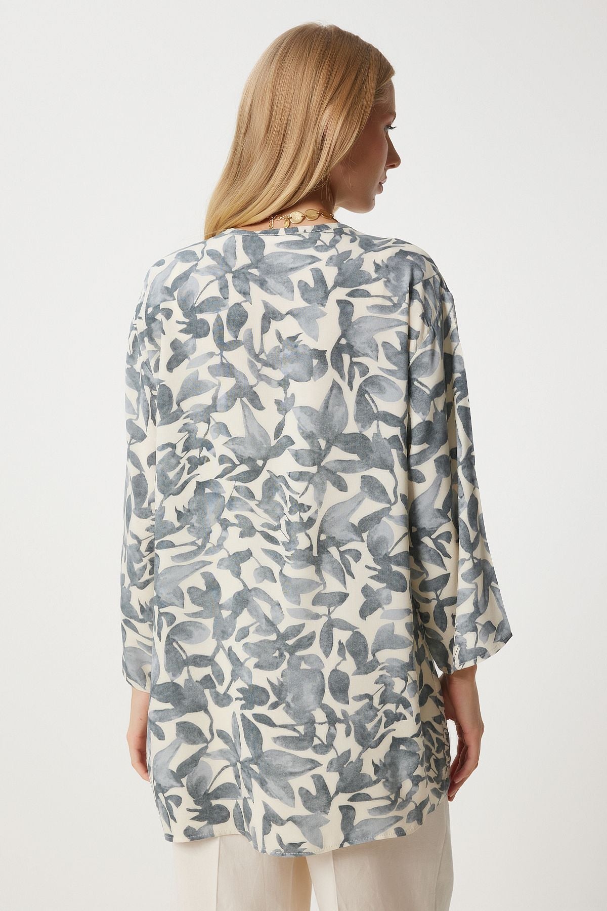 Female Gray Bone Patterned Viscose Kimono EN00615