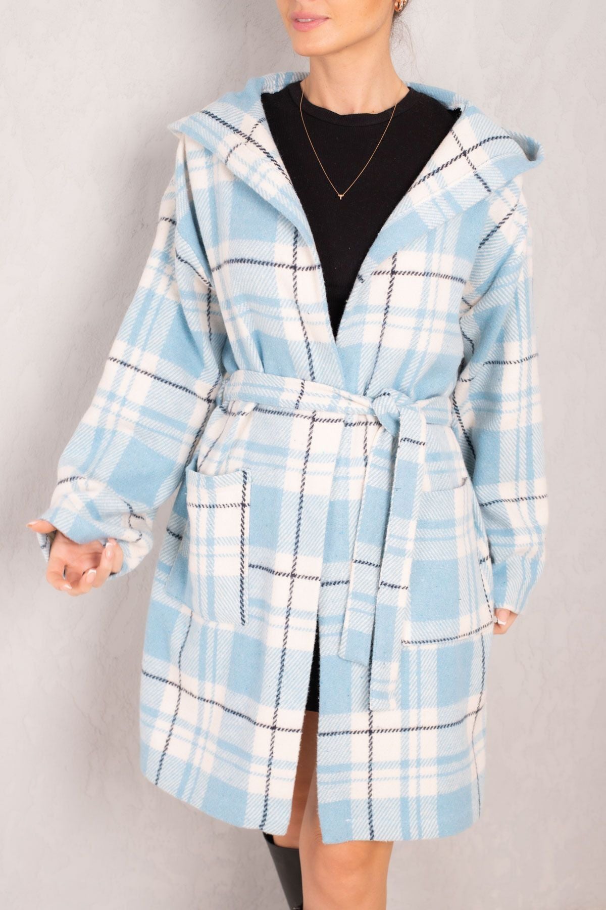 Female Baby Blue Waist Belled Pocket Hooded Oversize Stamp Coat ARM-24K001054