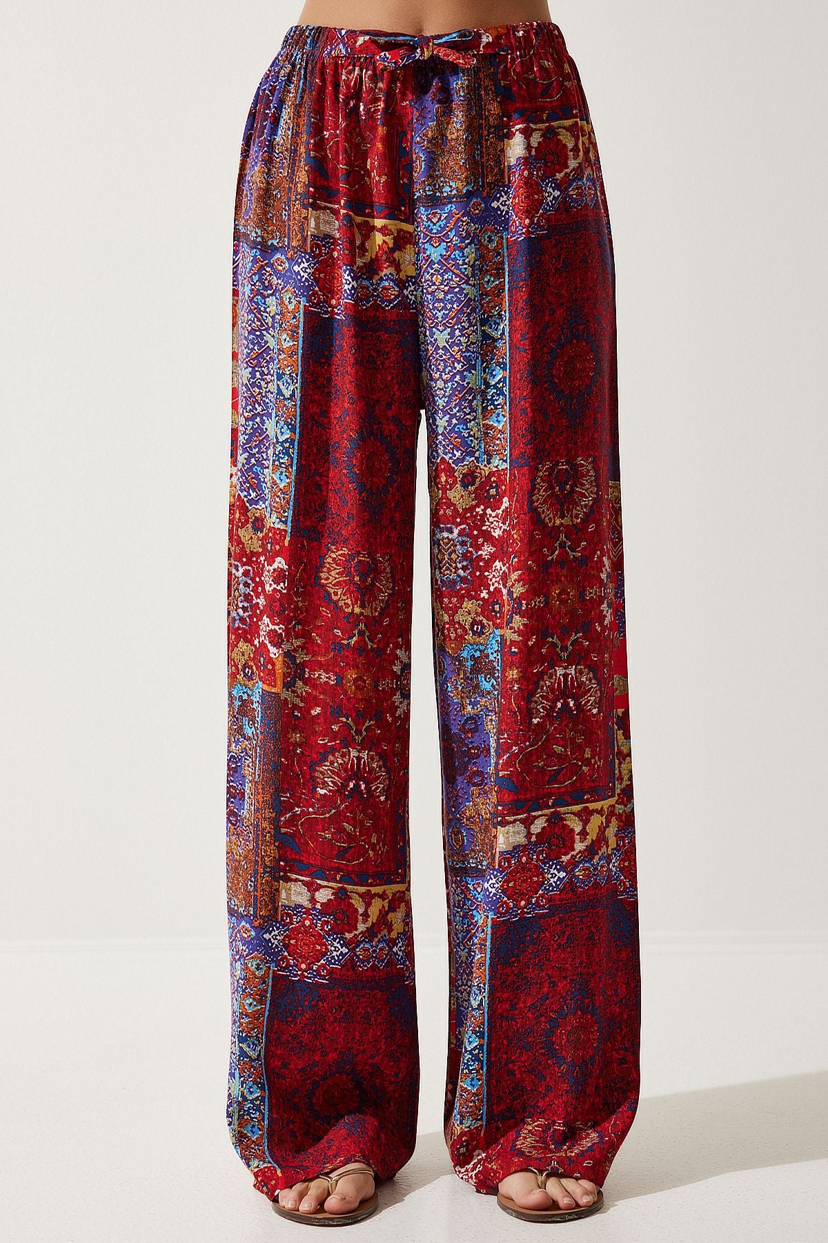 Woman Red Blue Patterned Viscose Palazzo Pants EN00606
