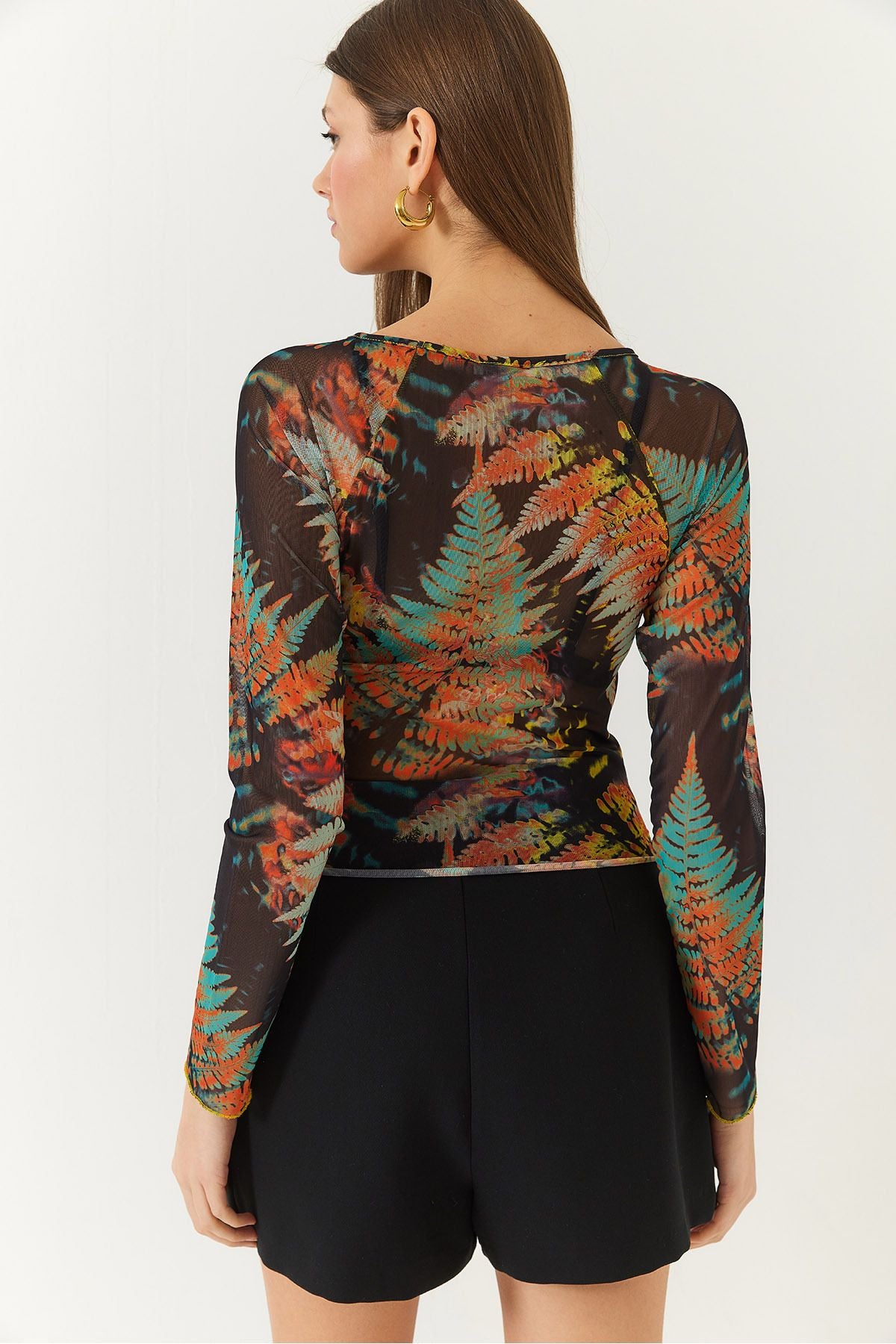 Female Bicycle Collar Digital Printed Asymmetric Cutting Tulle Blouse 60261368
