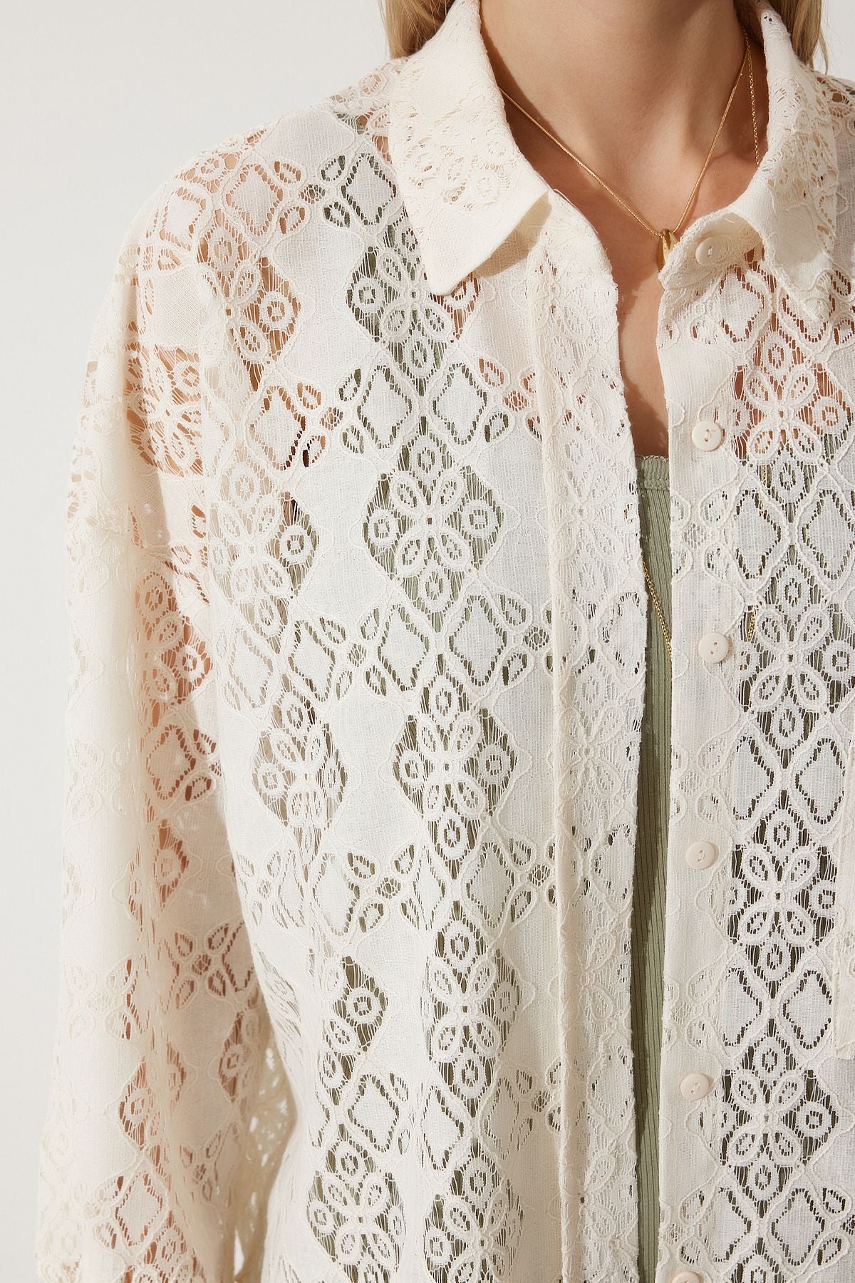 Women's Cream Premium Oversize Lace Shirt SV00011