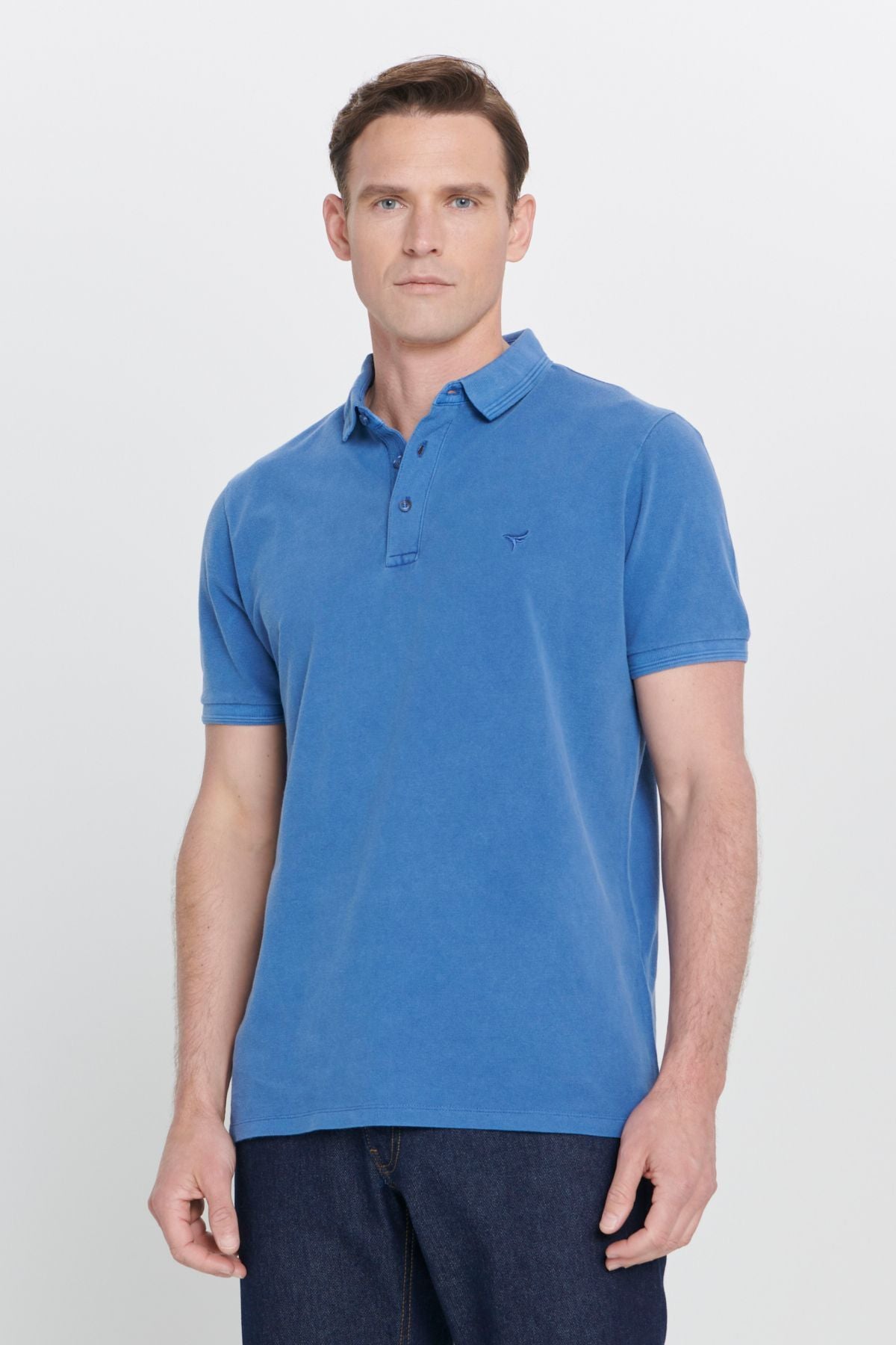 Men's Indigo slim fit narrow cut polo collar 100 %cotton patterned T -shirt