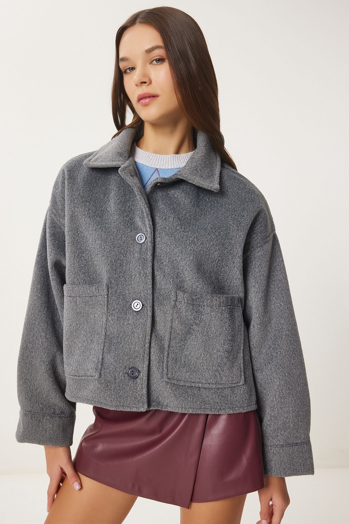 Female anthracite wide pocket soft stamp jacket FN03445