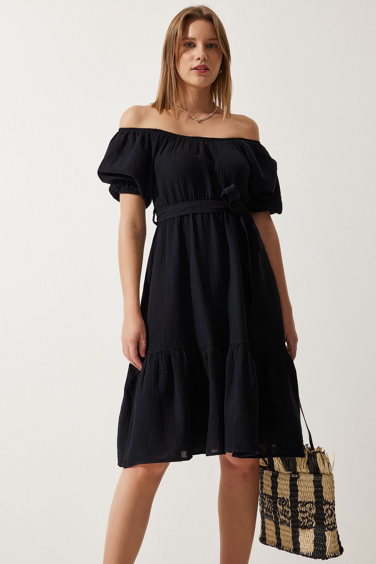 Female Black Carmen collar belt cottage Muslin dress MX00157