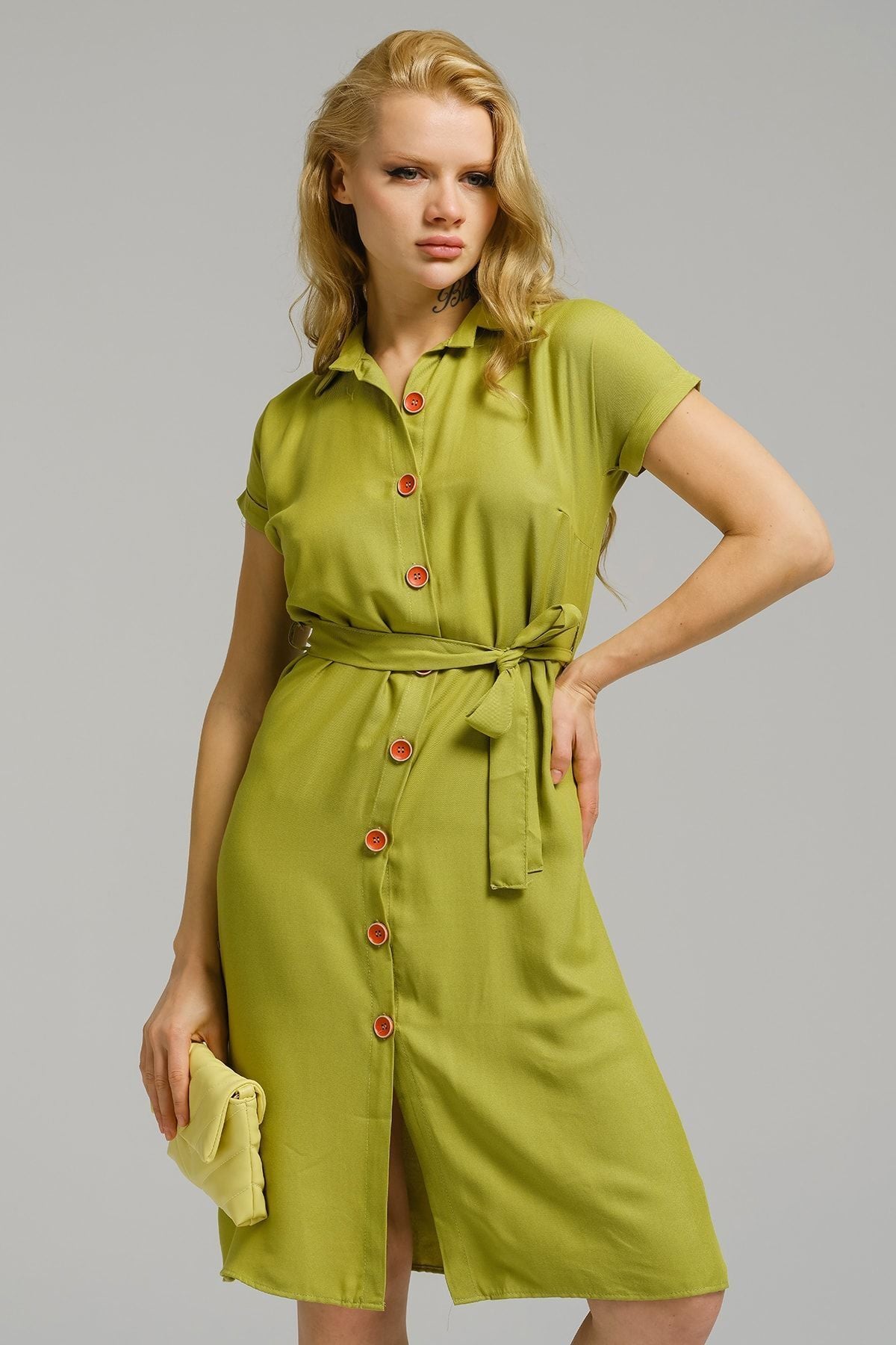 Women's Oil Green Waist Belt Short Sleeve Shirt Dress ARM-19Y001068