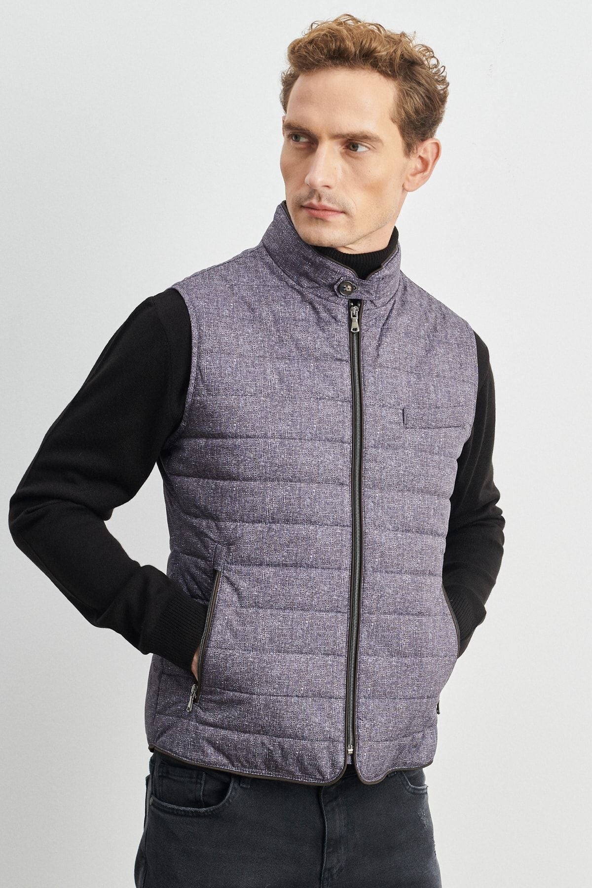 Men's navy blue standard fit normal cut upright collar vest