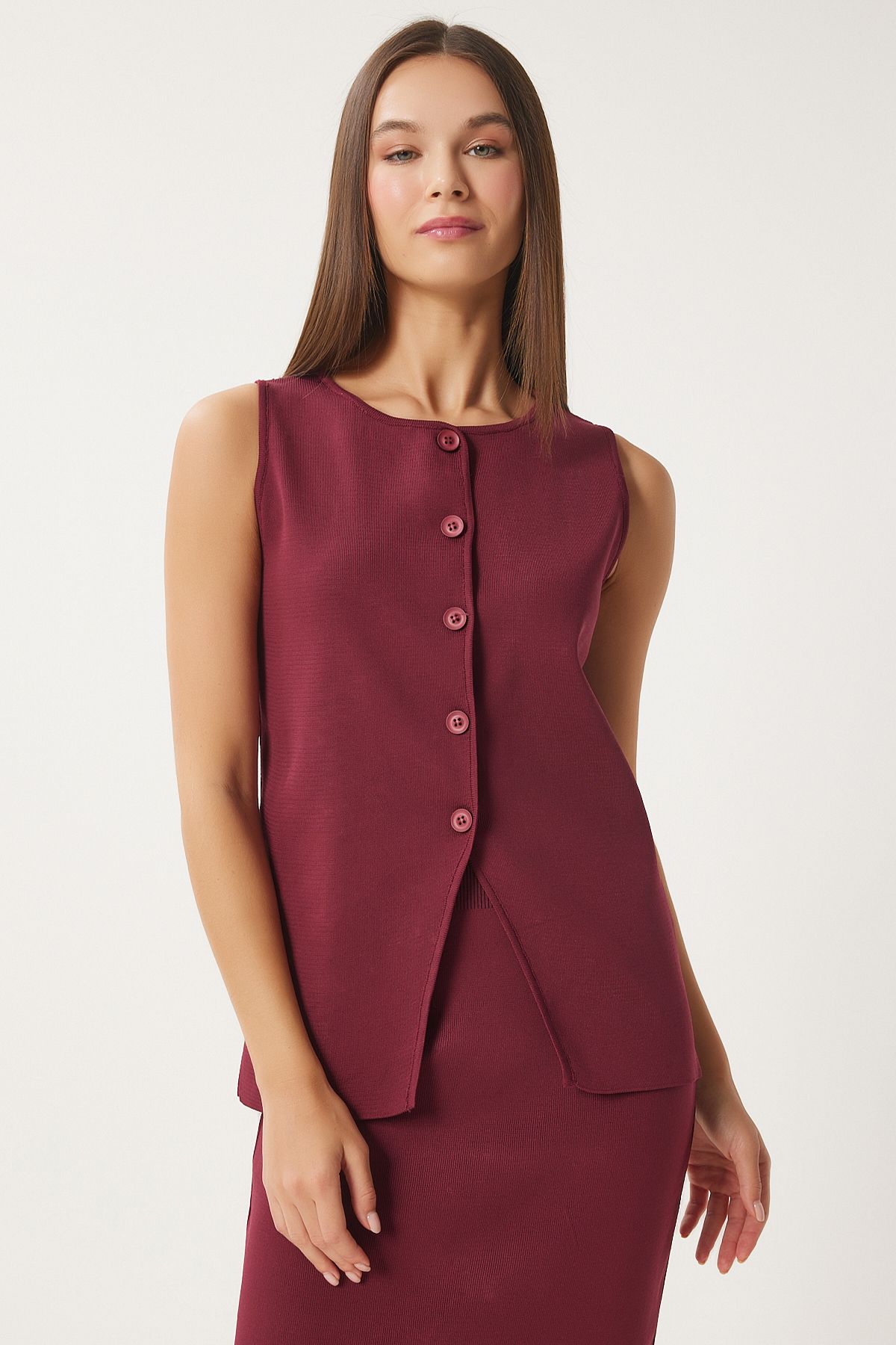 Female burgundy knitwear vest skirt set FN03396