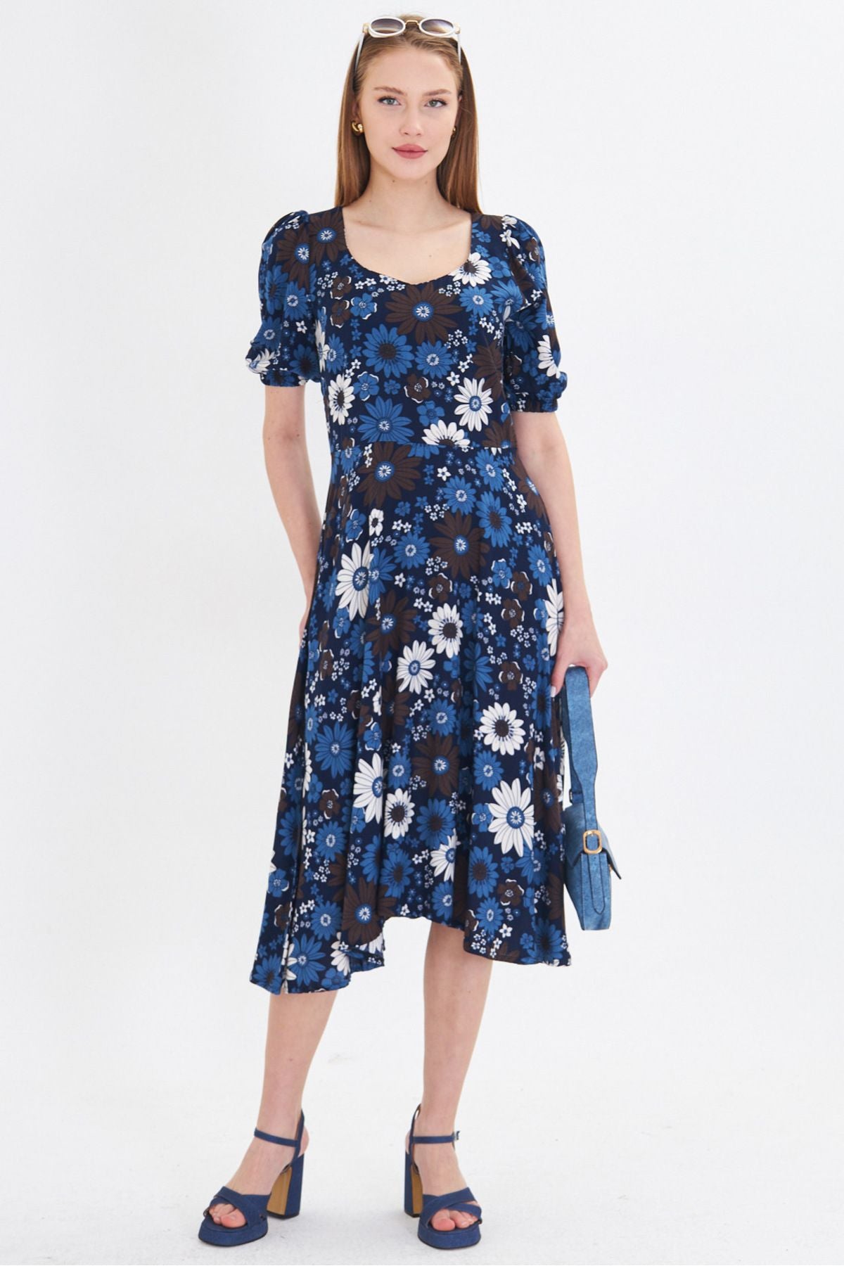 Women's Blue U Neck Arms with rubber midi height height dress ARM-25Y001004