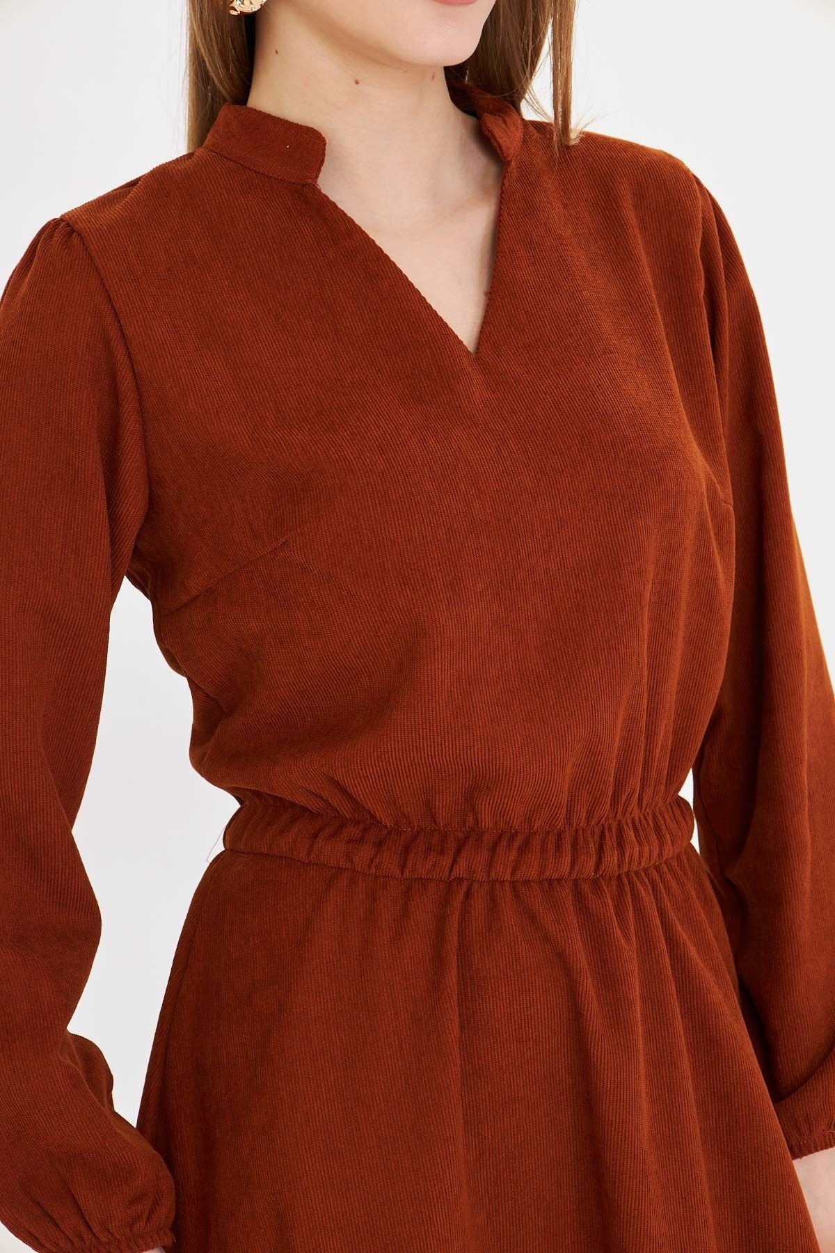 Female Taba Velvet V-Yaka Waist Thin Fine Wick With Rubber Clash Dress ARM-25K001049