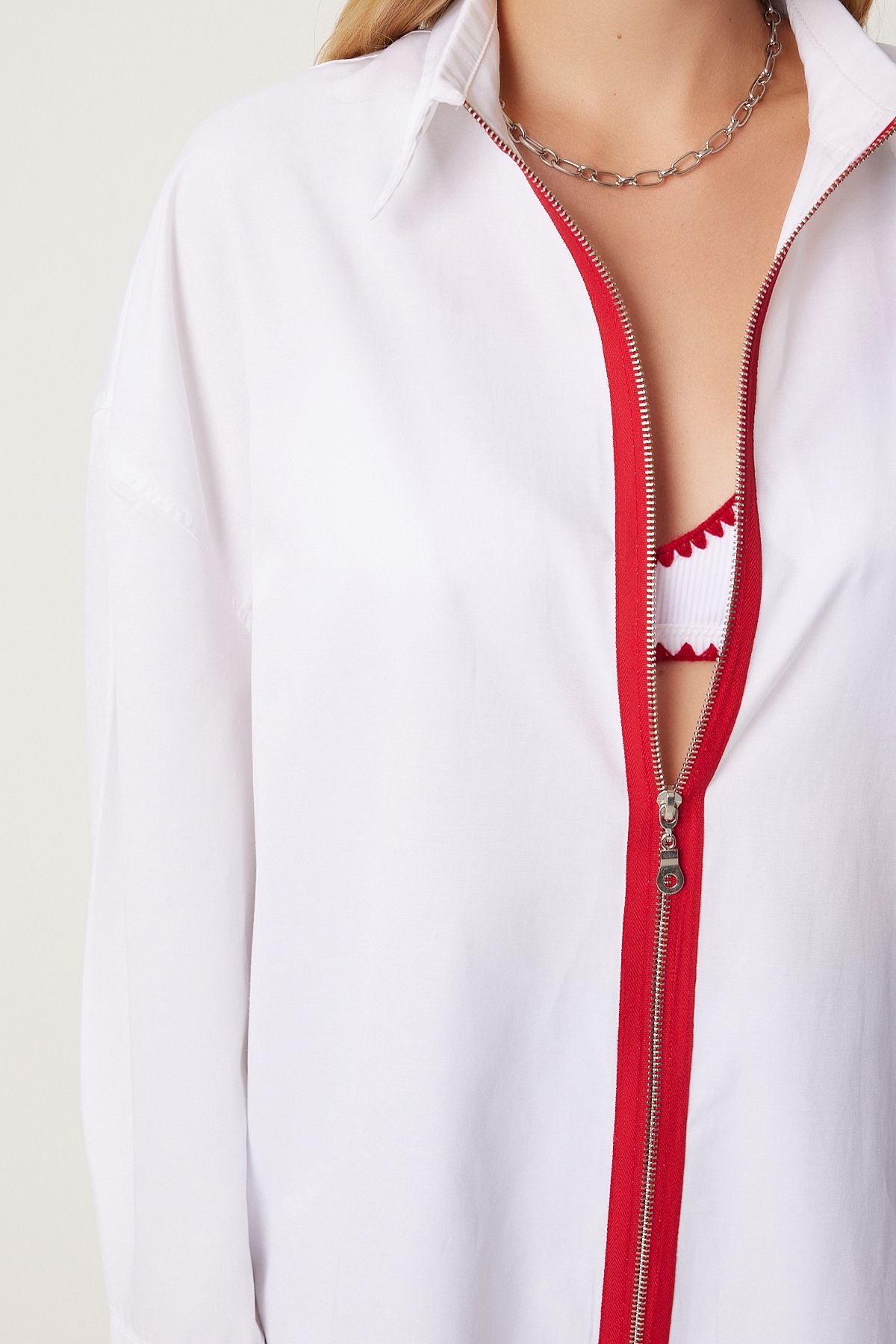 Woman White Red Contrast Ribbon Zippered Flot Flot FN03263