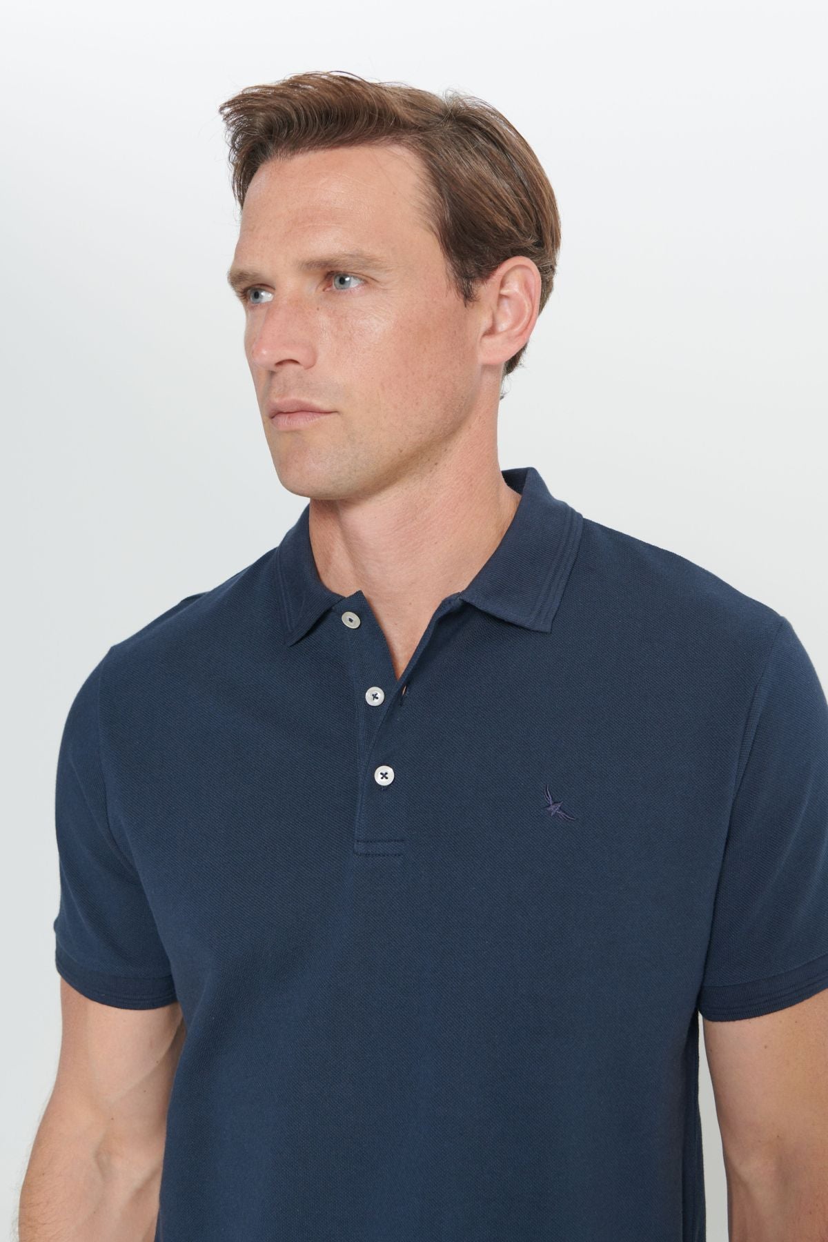 Men's navy blue slim fit narrow cut polo collar 100 %cotton short sleeve t -shirt