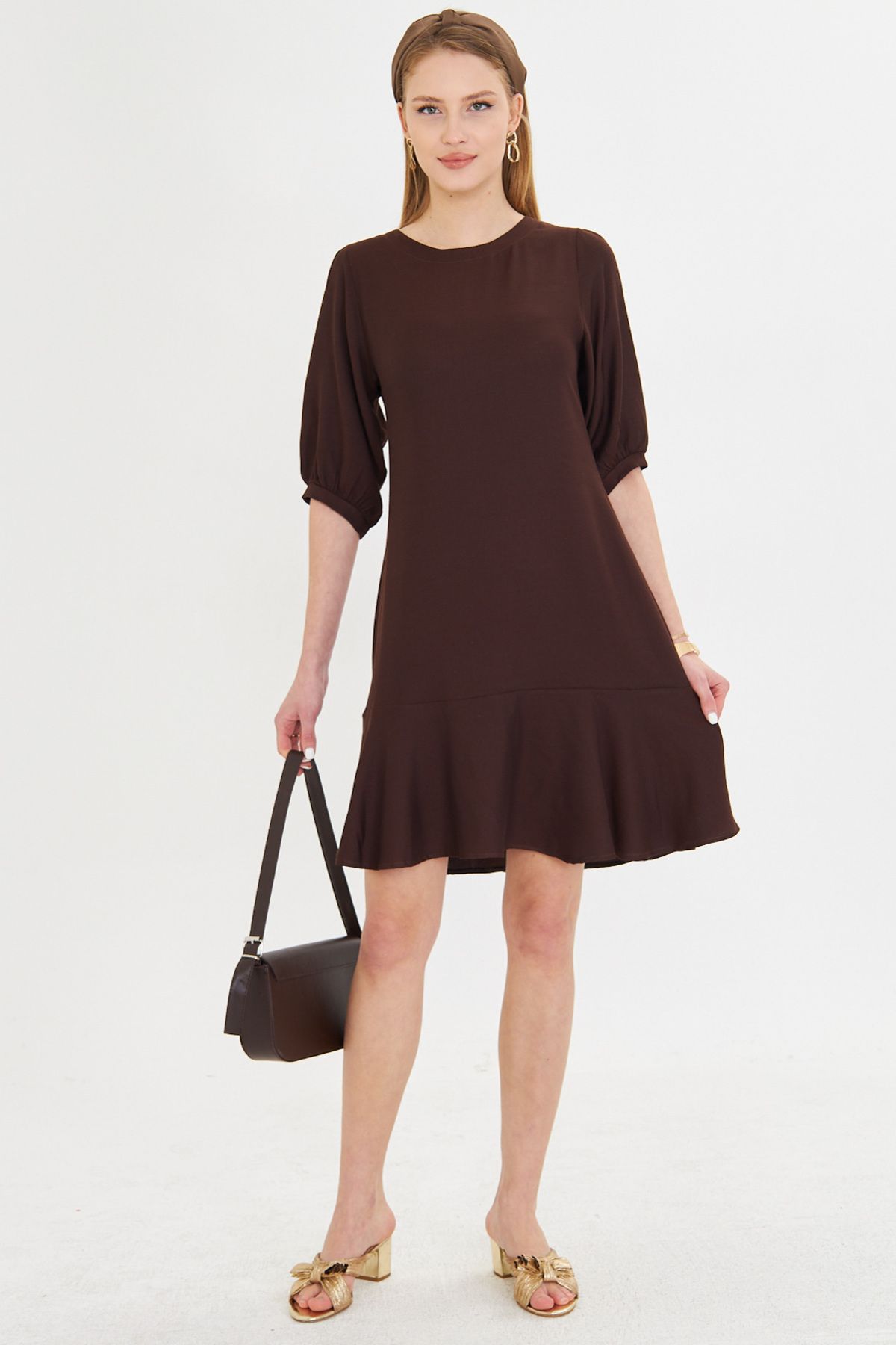 Female Coffee Zero Collar Quarter Sleeve Skirt Flane Dress ARM-25Y001007