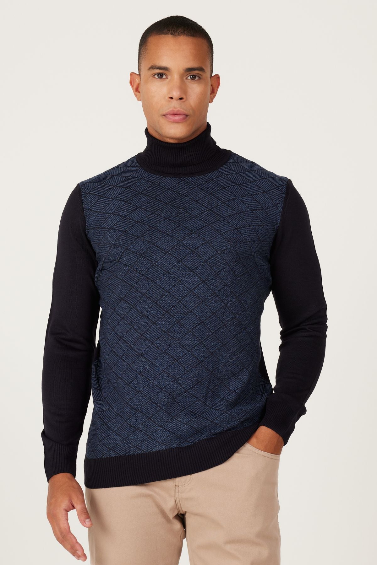 Men's Navy Blue-Indigo Flash Standard Full Fishing Fisherman Neck Patterned Knitwear Kazak