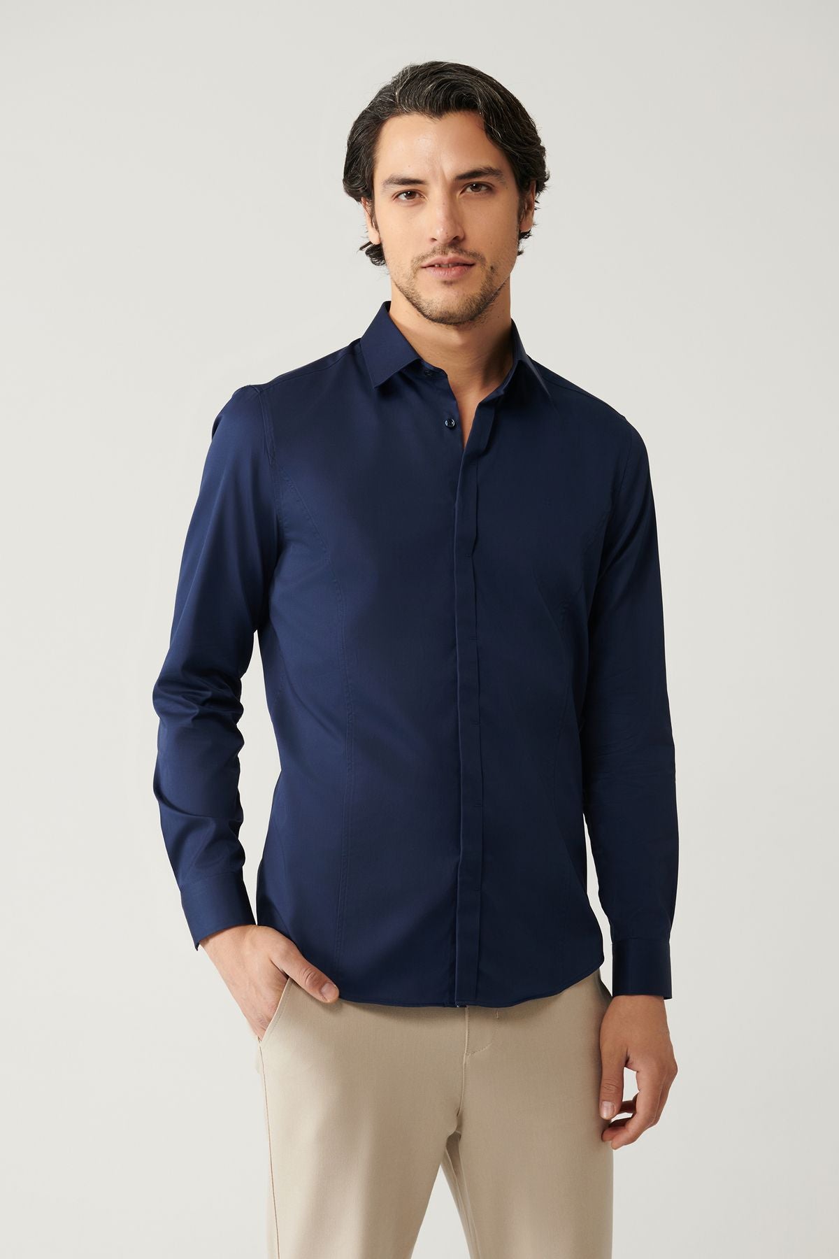 Men's Navy 100 %Cotton Classic Collar Satin Shirt B002002