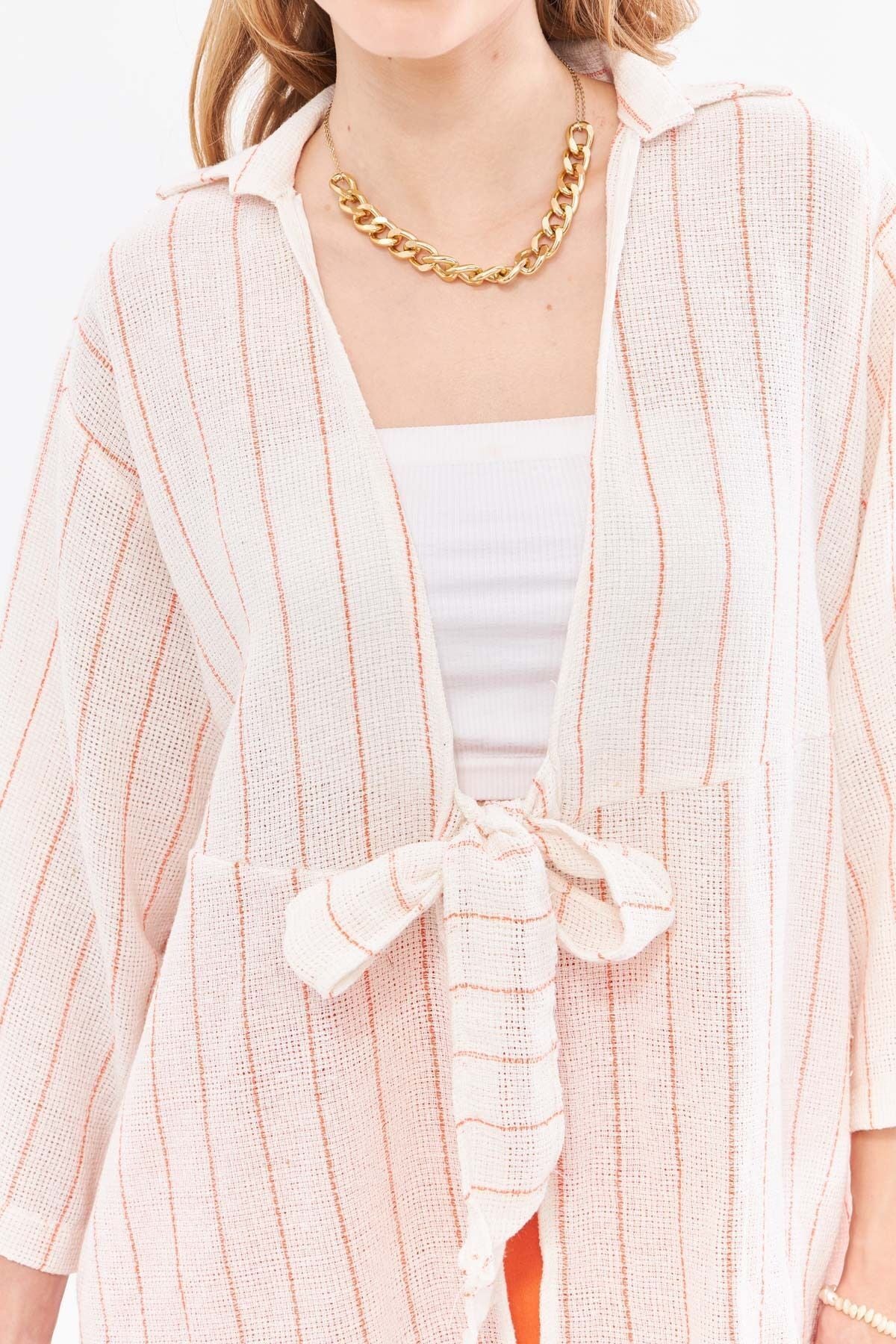 Woman Open Orange Striped front-binding Kimono Shirt ARM-24Y001091