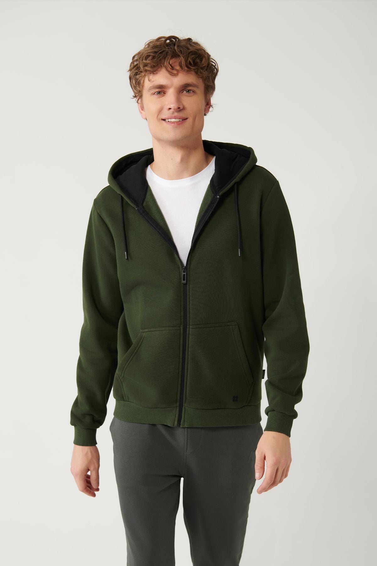 Male Khaki Kapüşon with 3 -Triple Zippered Sweatshirt E001019