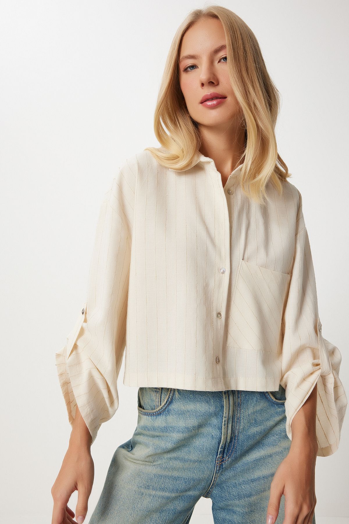 Women's Cream Fine striped Crop ogin shirt DM00140
