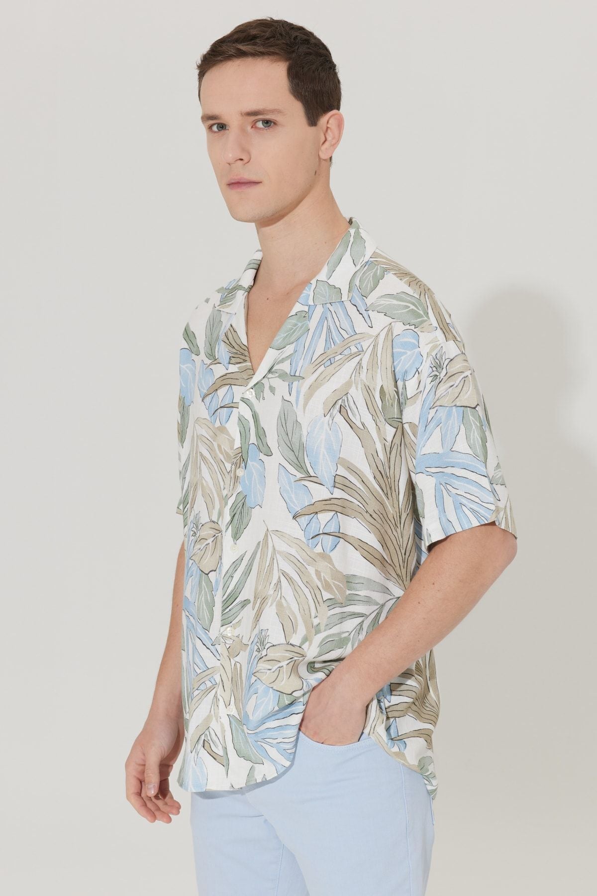 Men's Ekru-Haki Linen Oversize plenty of cut Cuban collar printed shirt