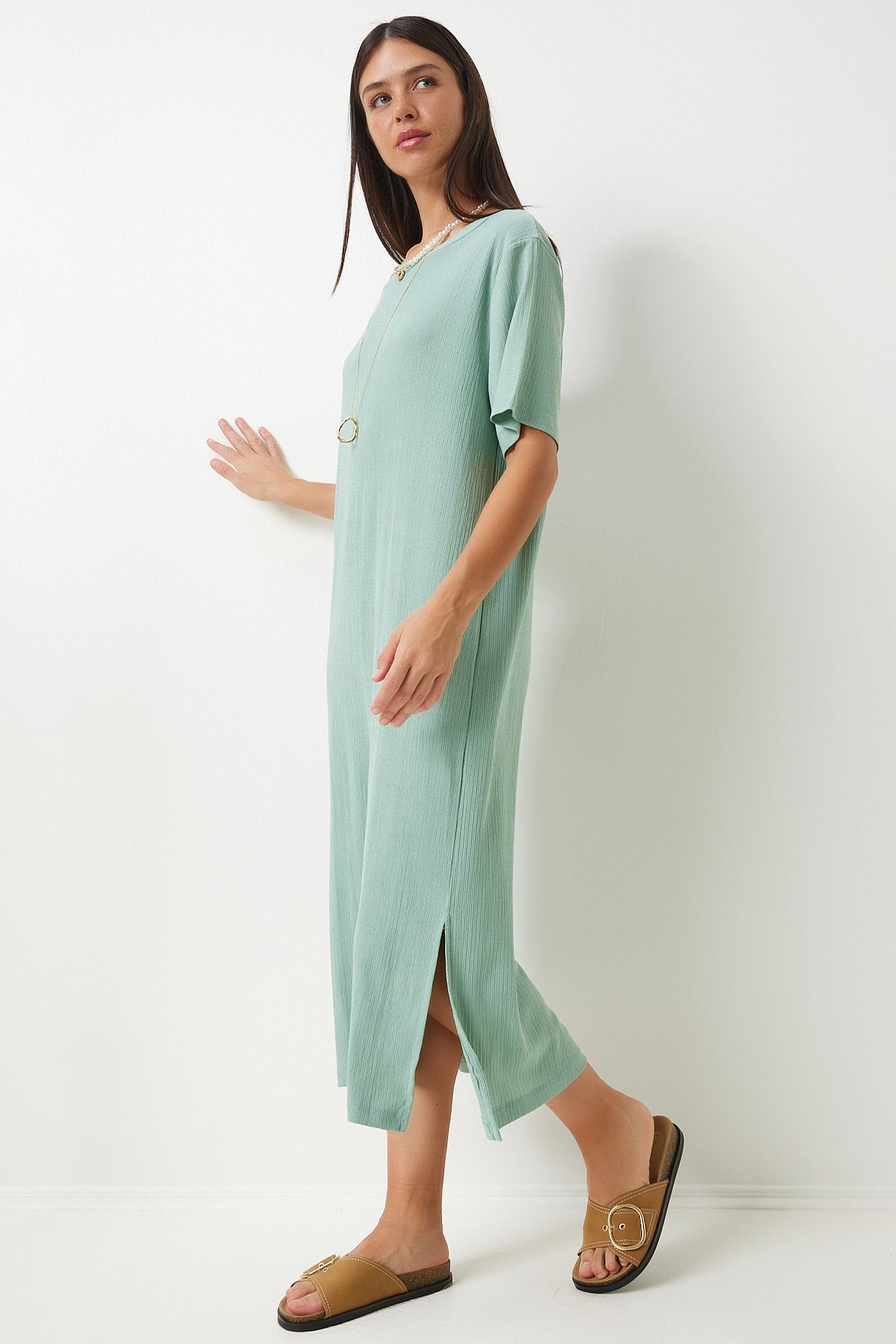 Women's Cagla Green Long Daily Knitting Dress DZ00076