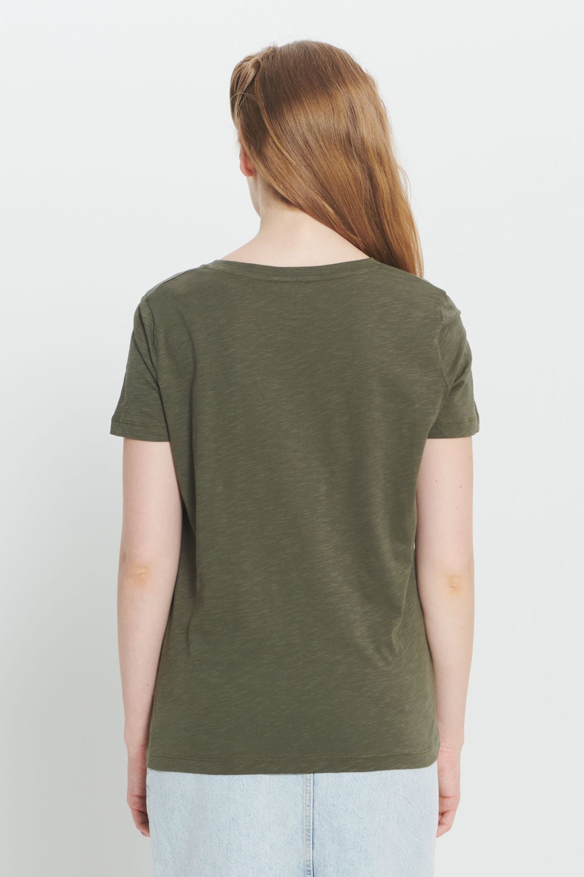 Woman Khaki 100 %Cotton Standard Fit Normal Cut V -Neck Basic T -shirt