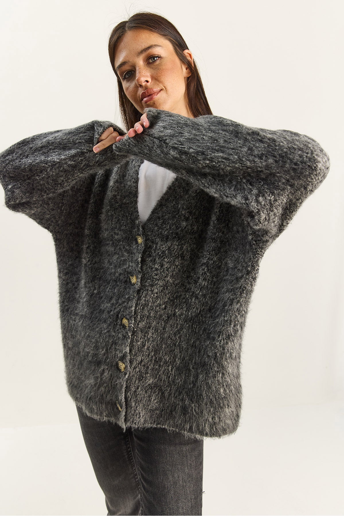 Women's V-Neck Rose Gold Buttoned Knitwear Cardigan 20258056