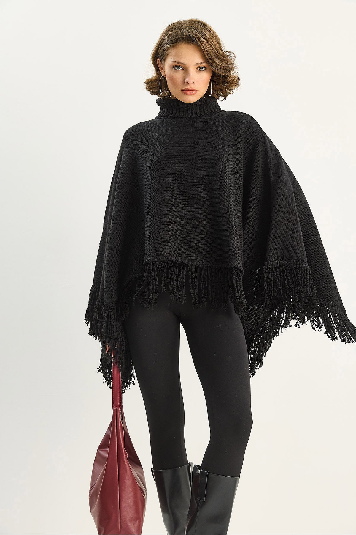 Women's Turtleneck Tasseled Knitwear Poncho TP251007 60283722