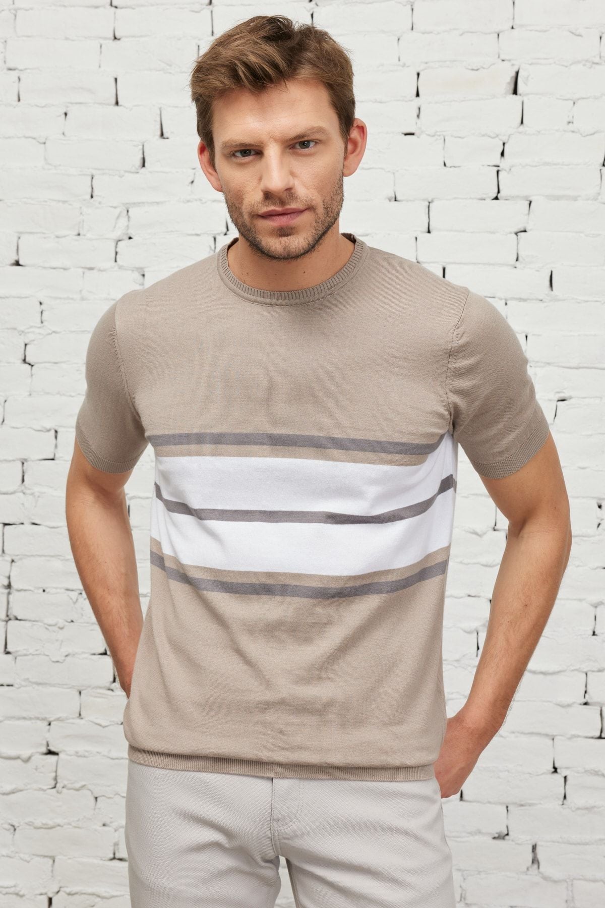 Men's Sizon-Ekru Standard Fit Normal Normal Cut Bicycle Yaka 100 %Cotton Striped Triko T-shirt