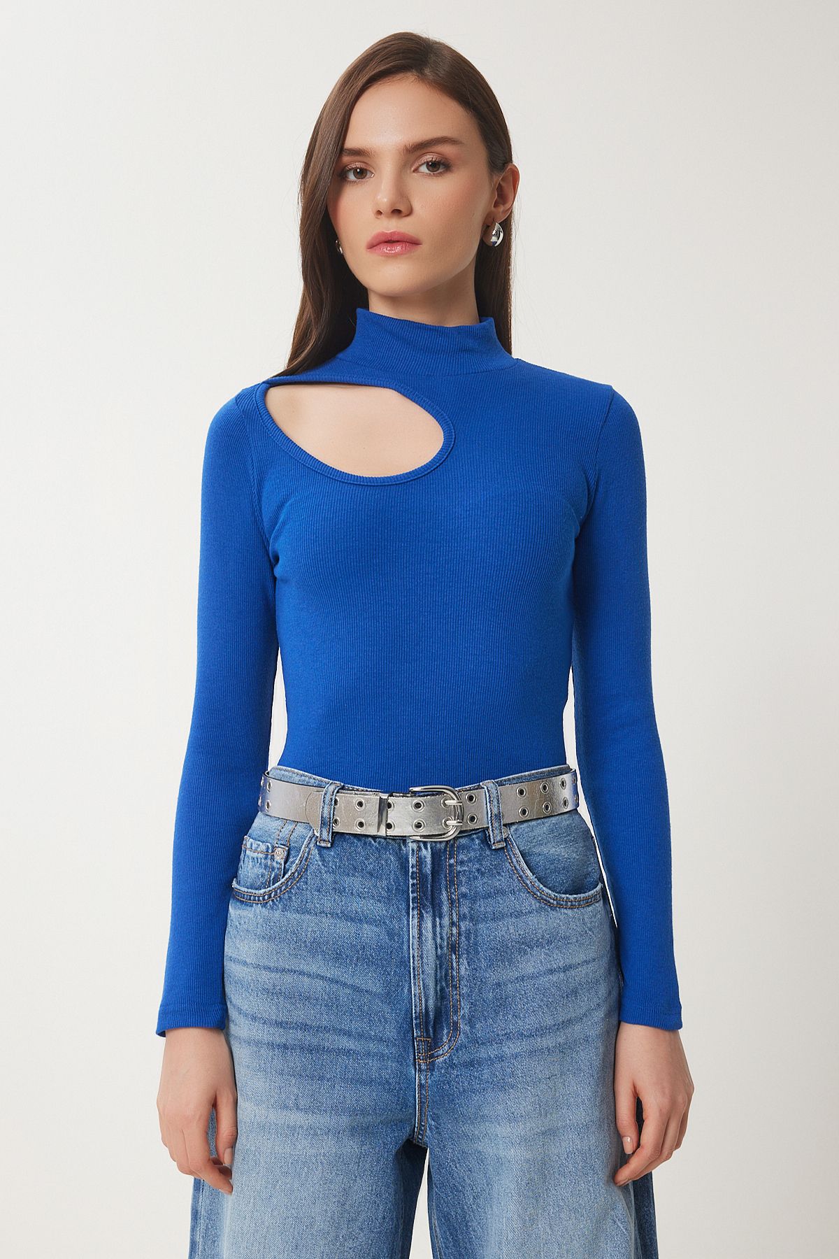 Woman Dark Blue Cut Out Detailed Wick Knitting Blouse GT00065