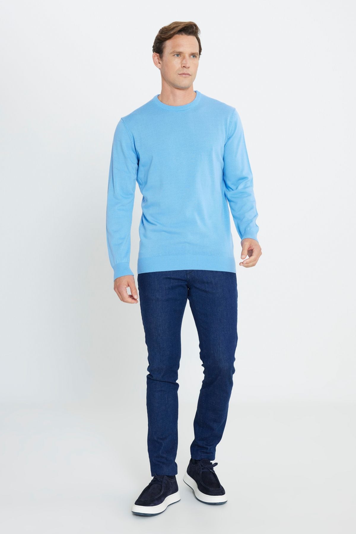 Men's light blue hair growth anti-pilling standard fit normal cut bike collar knitwear sweater