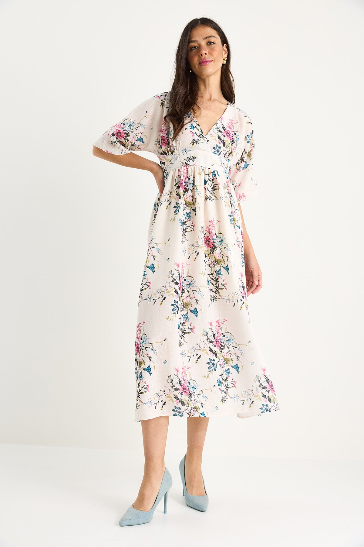 Women's V-Neck Waist Detailed Wide Sleeve Floral Patterned Linen Textured Lined Dress 3047 60283362