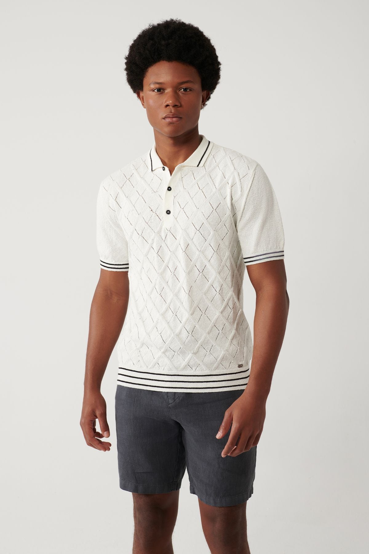 Men's Ecru 3 button with baklava patterned Polo Yaka Triko T-shirt A41y5053