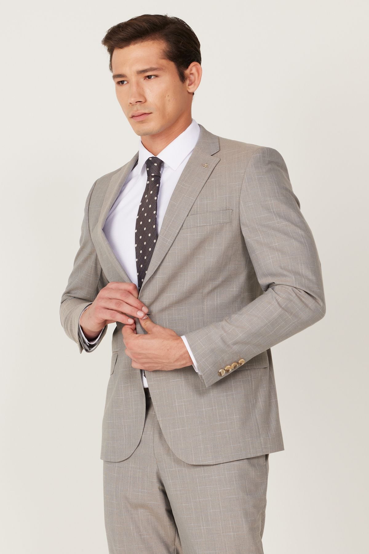 Men's Beige Extra Slim Fit Narn Cut Mono Neck Patterned Suit Suit